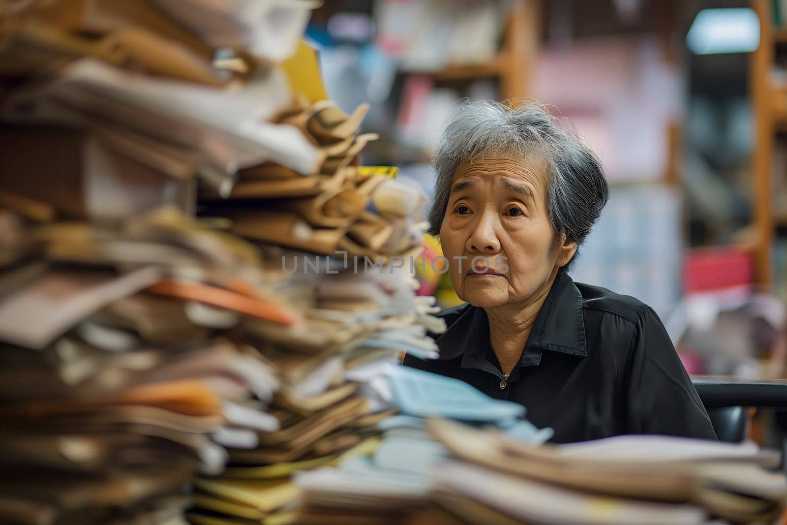 Senior Asian woman in an office, overwhelmed by a mountains of paperwork. Neural network generated in January 2024. Not based on any actual scene or pattern.