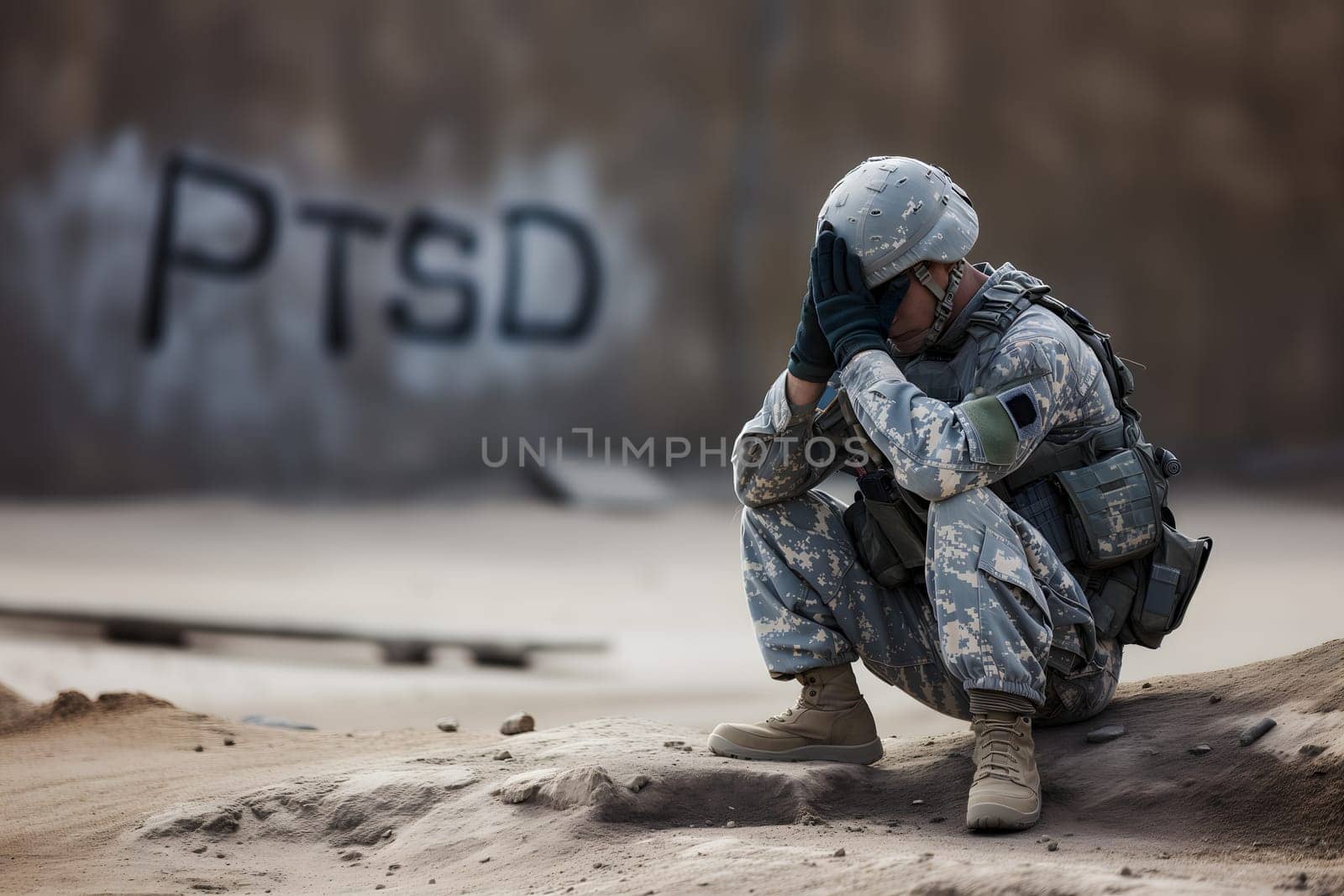 sad soldier and inscription PTSD on the wall, PTSD for post-traumatic stress disorder. Neural network generated image. Not based on any actual scene or pattern.