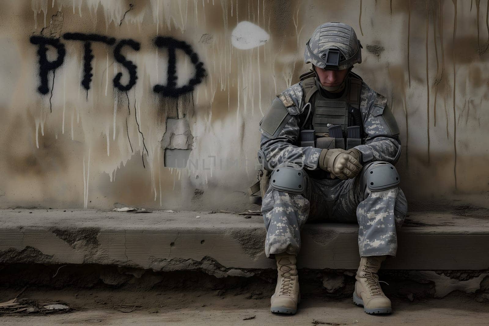 sad soldier and inscription PTSD on the wall, PTSD for post-traumatic stress disorder. Neural network generated image. Not based on any actual scene or pattern.