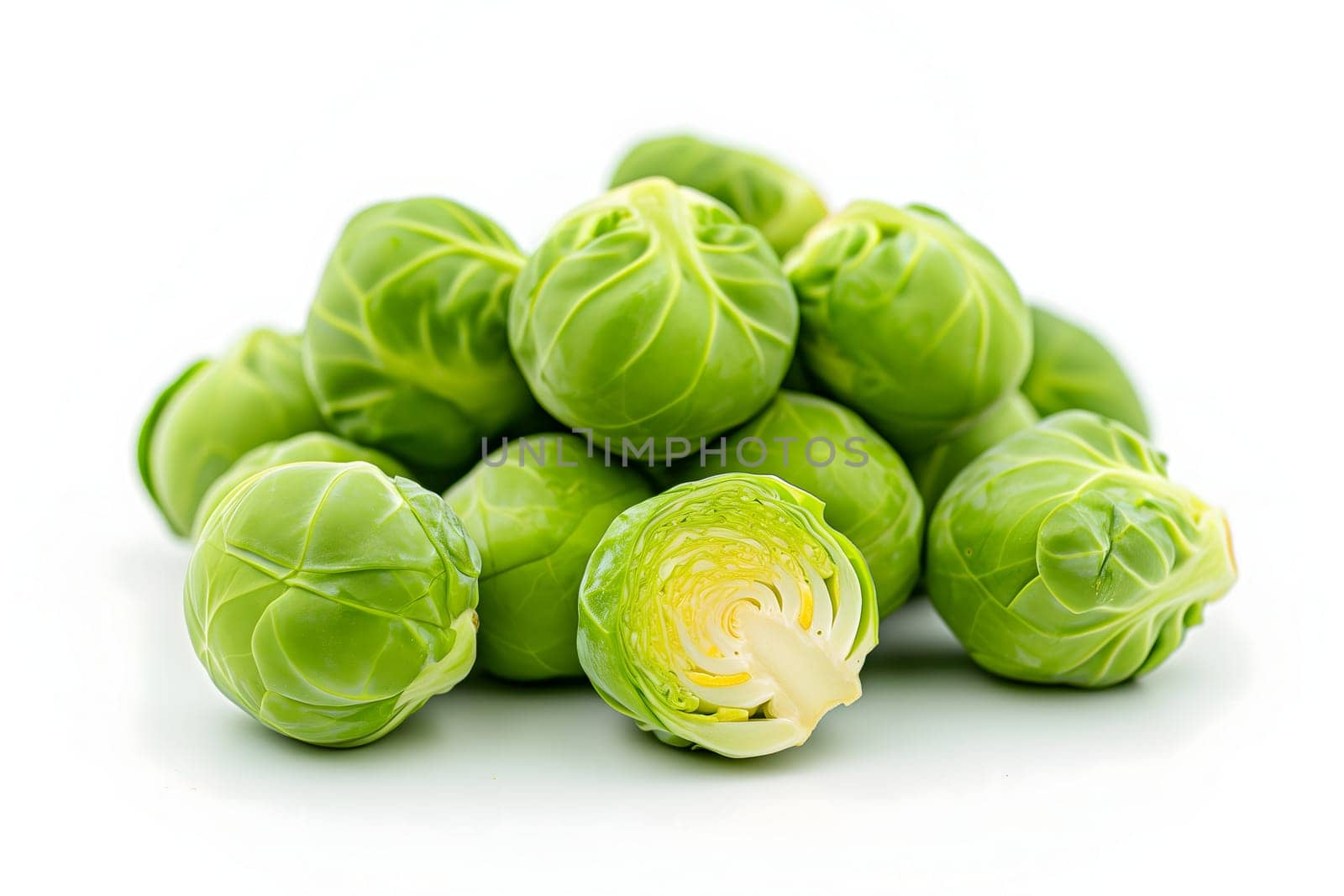 Small heap of brussels sprouts on white background. Neural network generated image. Not based on any actual scene or pattern.