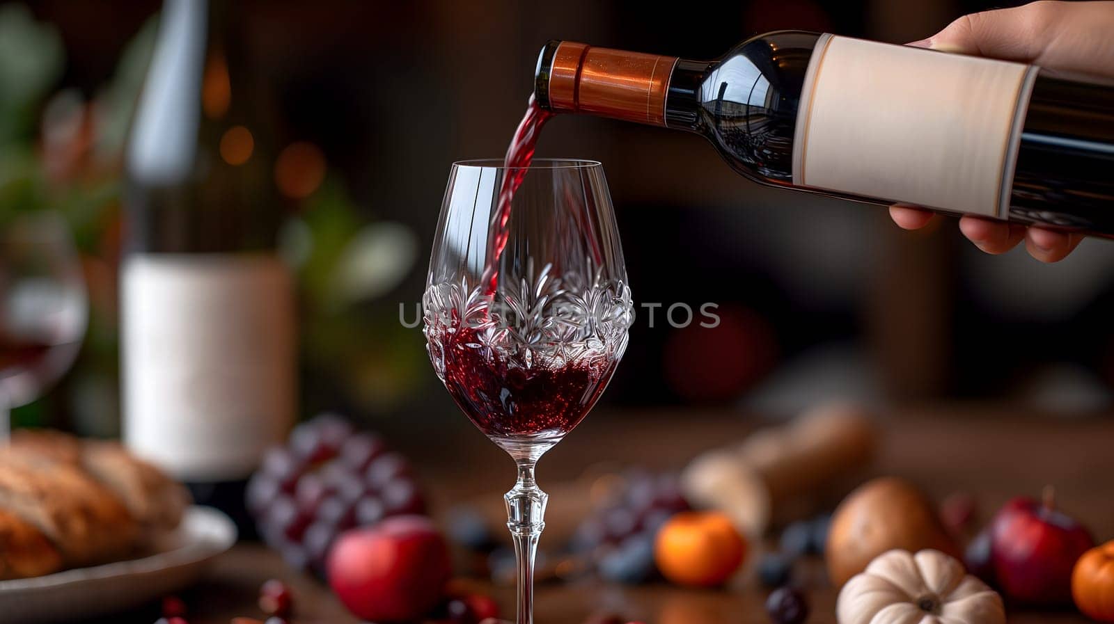 A wine bottle, with its elegant shape and deep red liquid inside, is being poured into a crystal glass, ready to be enjoyed during a romantic dinner. Neural network generated image. Not based on any actual scene or pattern.