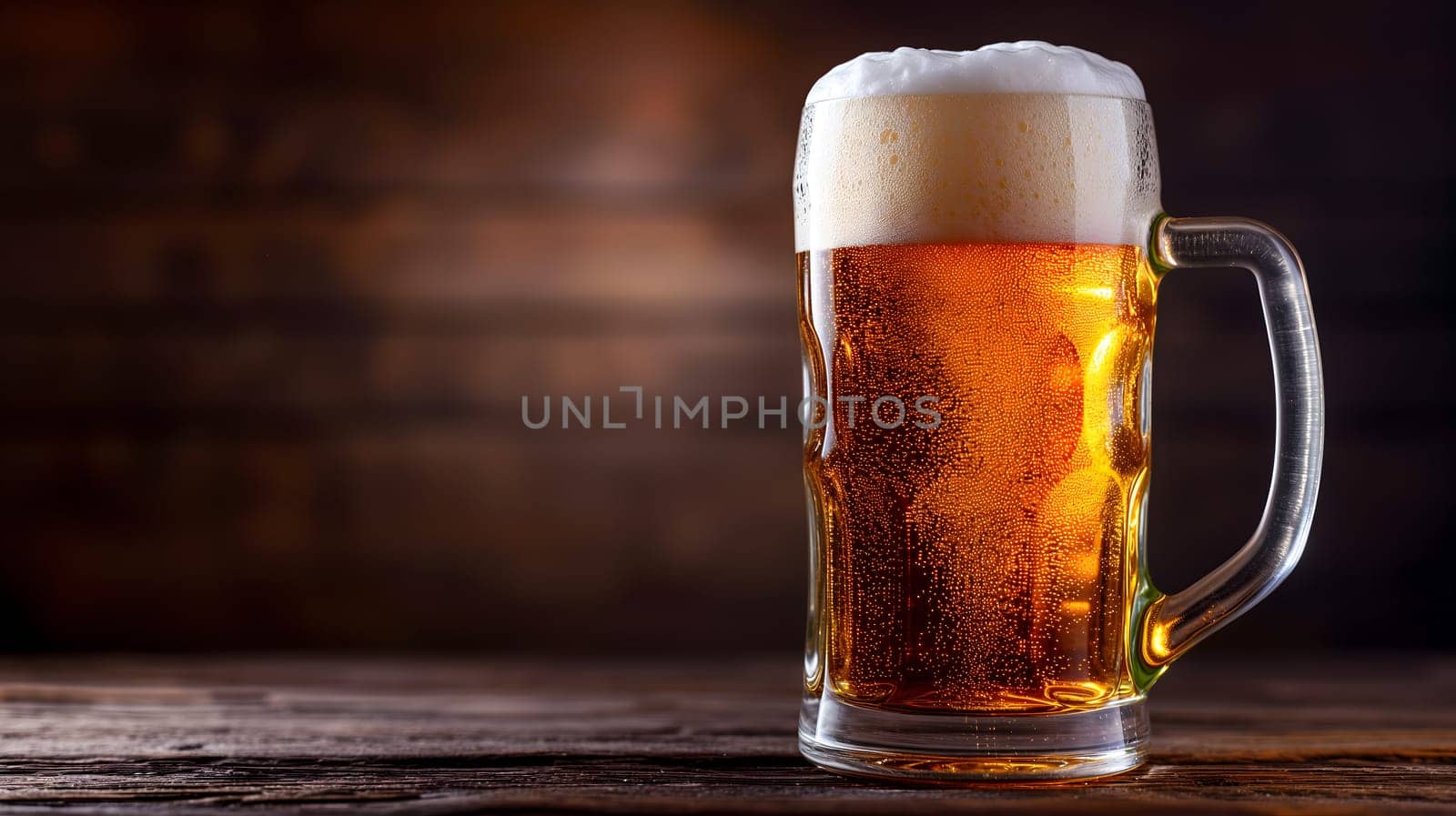 Cold mug with beer, with overflowing froth, on wooden table and dark background with copy space. Neural network generated image. Not based on any actual scene or pattern.