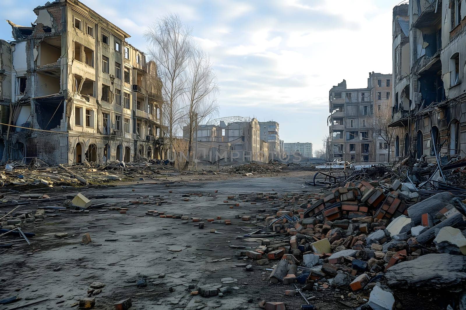 Ruined houses street after war. Neural network generated image. Not based on any actual scene or pattern.