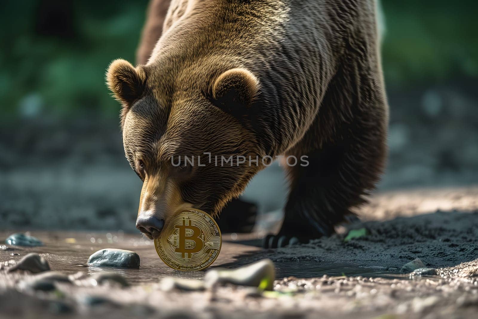 Bear with bitcoin shiner portrait for bearish down trend concept. Neural network generated image. Not based on any actual person or scene.