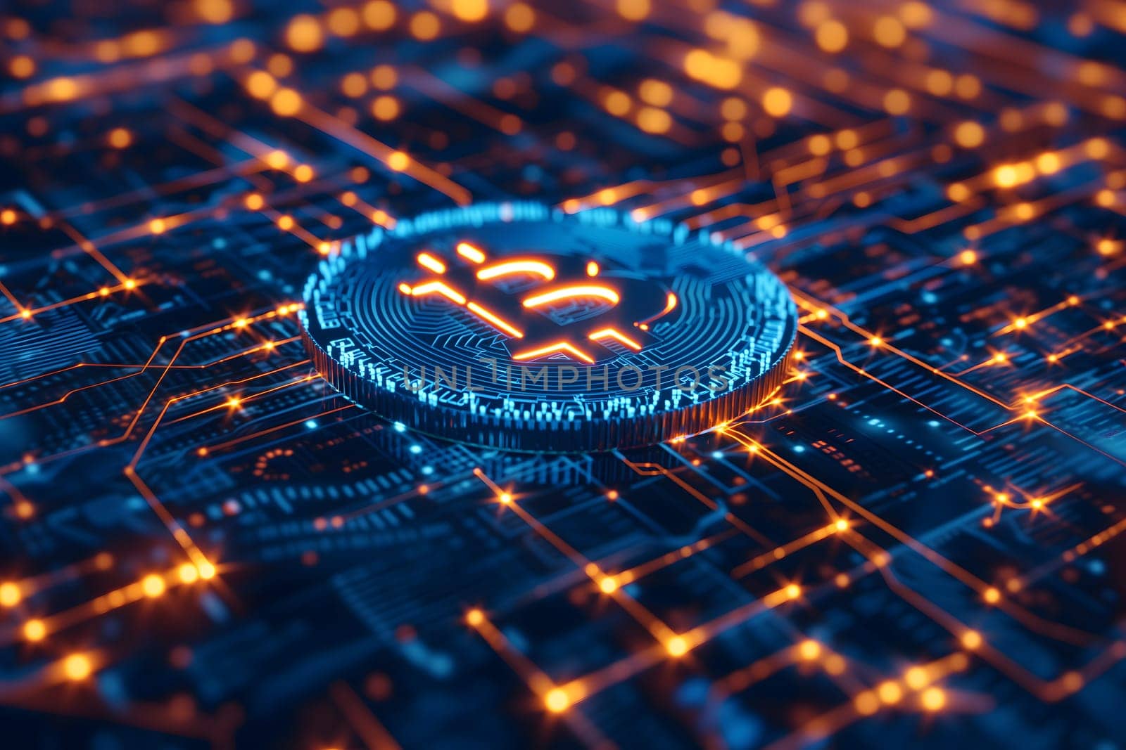 glowing bitcoin shiner laid over circuit board. Neural network generated image. Not based on any actual person or scene.