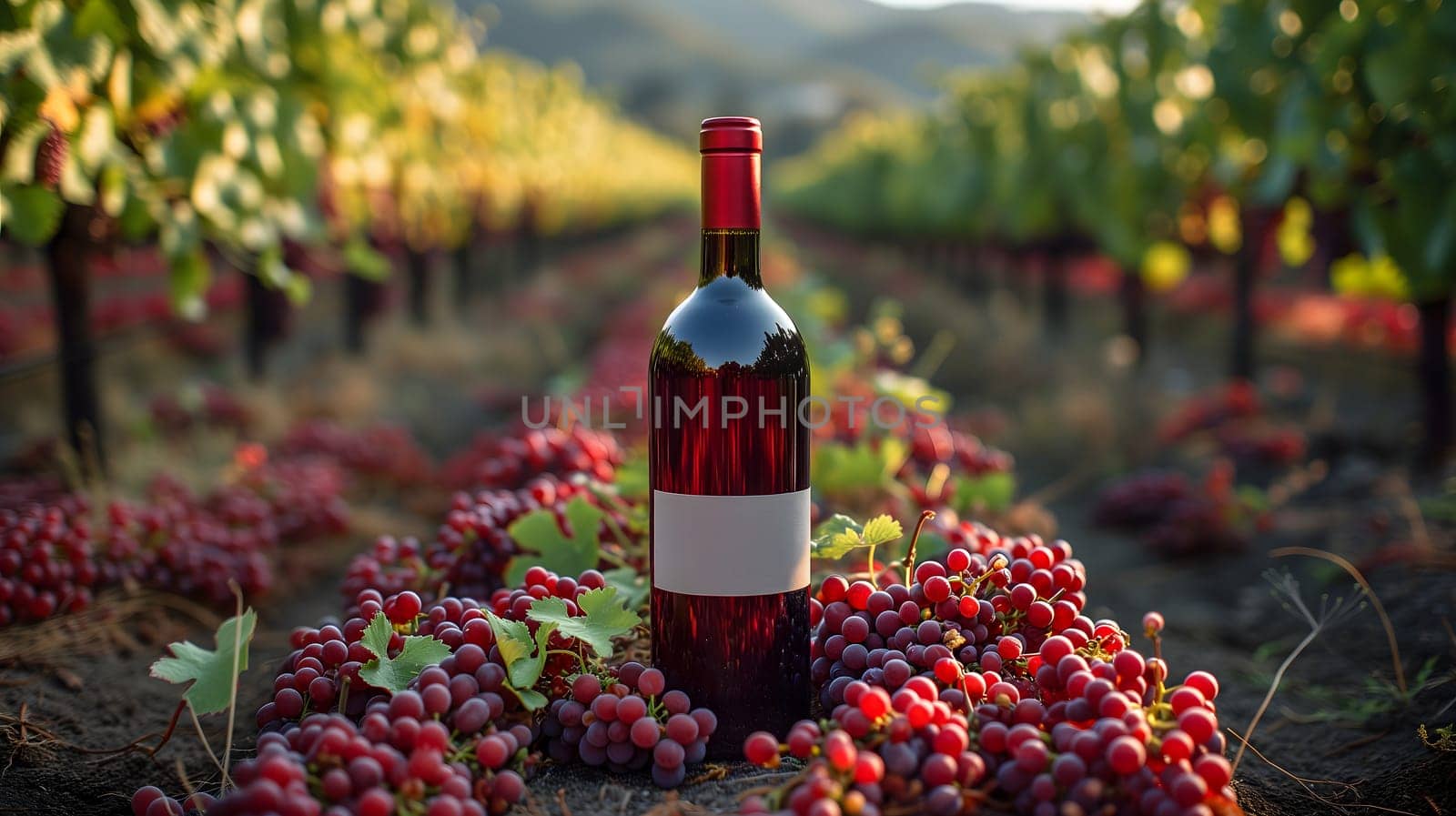 A red wine bottle in front of a landscape of grape farmland. Neural network generated image. Not based on any actual scene or pattern.