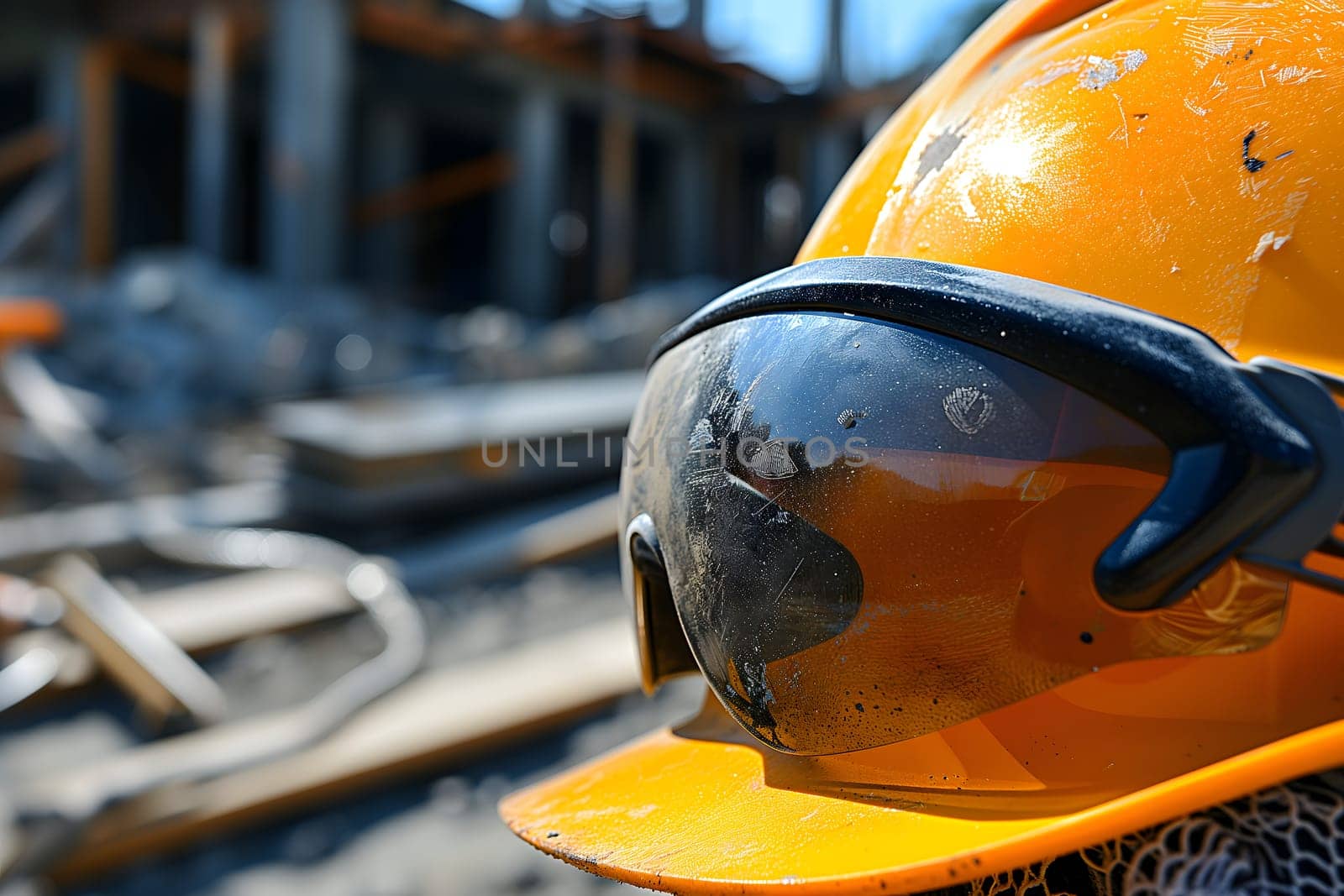 Old yellow hard hat at construction site. Neural network generated image. Not based on any actual scene or pattern.