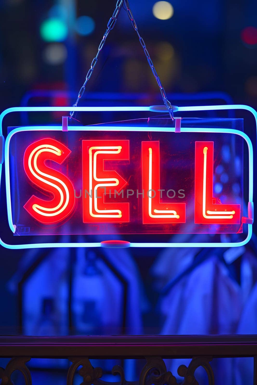 Neon inscription word sell. Neural network generated image. Not based on any actual scene or pattern.