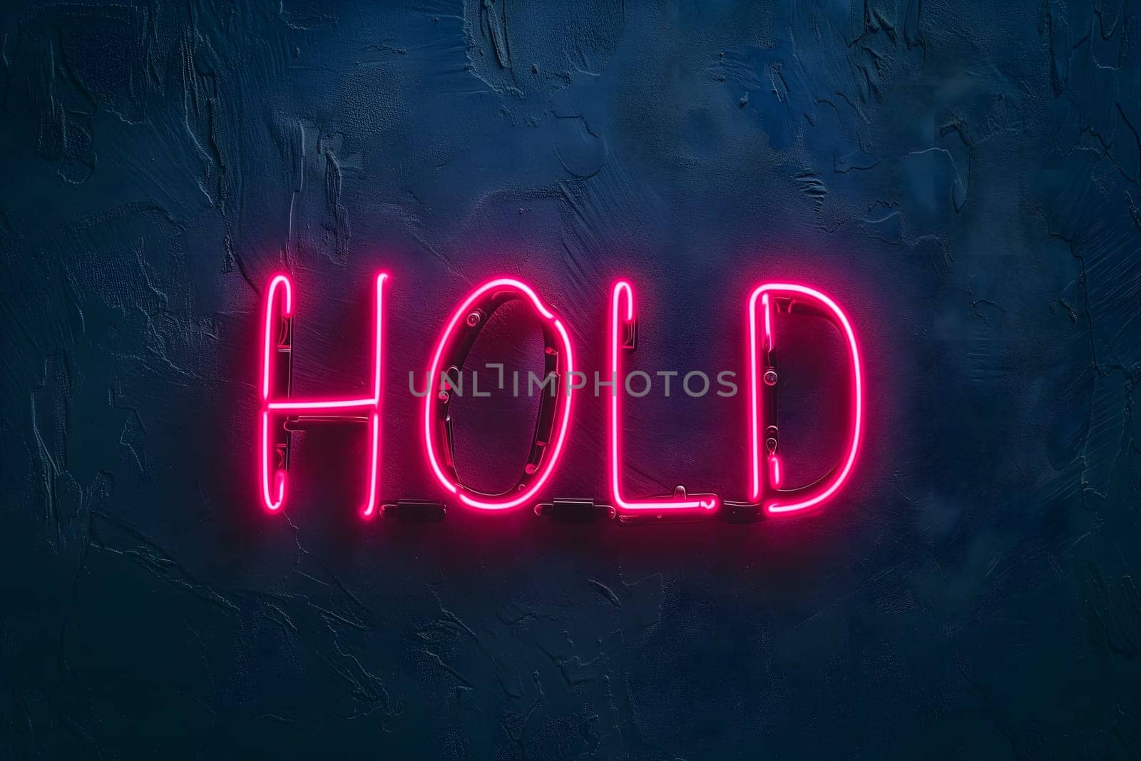 Neon inscription hold on dark shabby wall. Neural network generated image. Not based on any actual scene or pattern.
