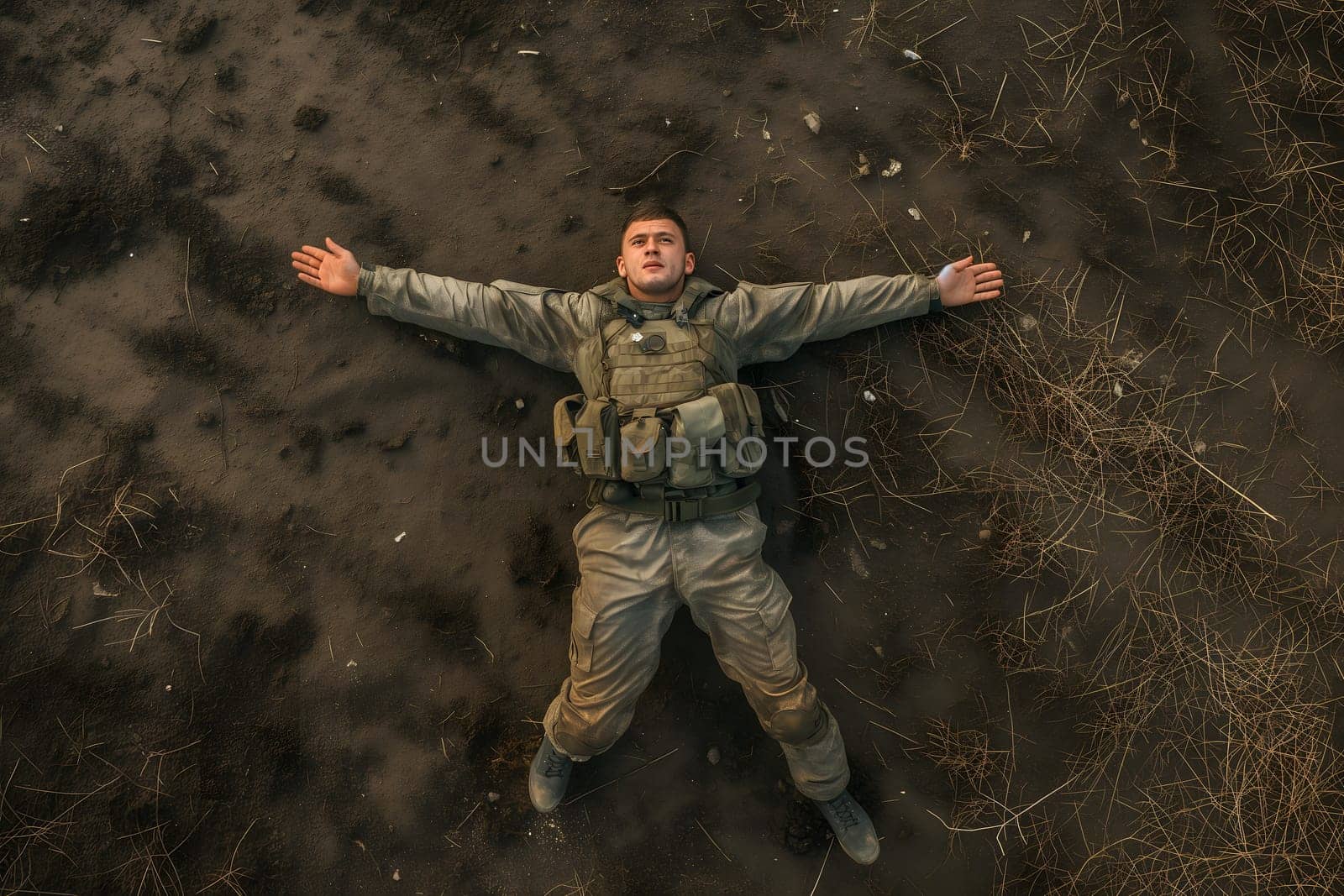 Soldier laid on the battlefield, view from above, drone point of view. Neural network generated image. Not based on any actual scene or pattern.