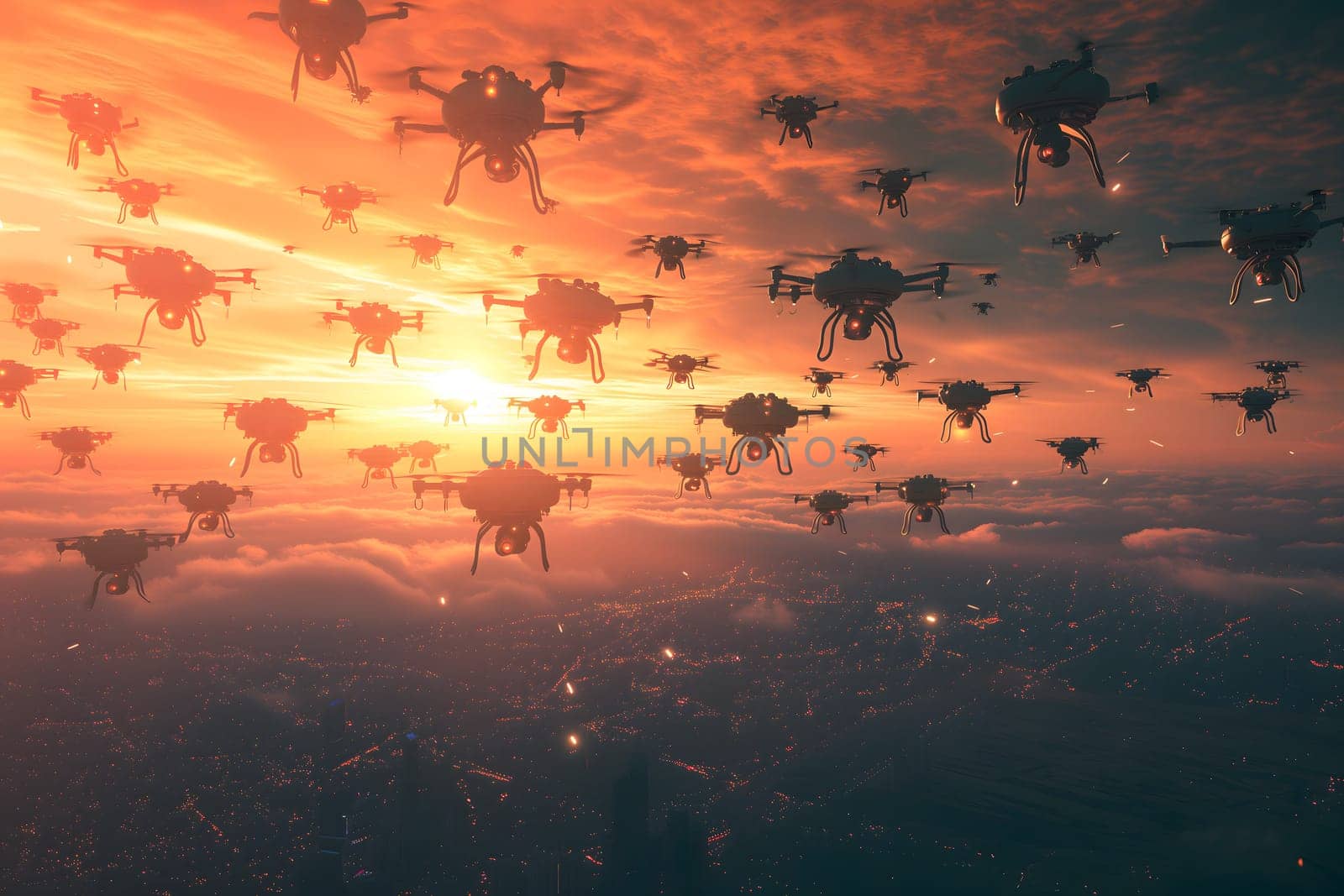 Swarm of drones over city at summer morning. Neural network generated image. Not based on any actual scene or pattern.
