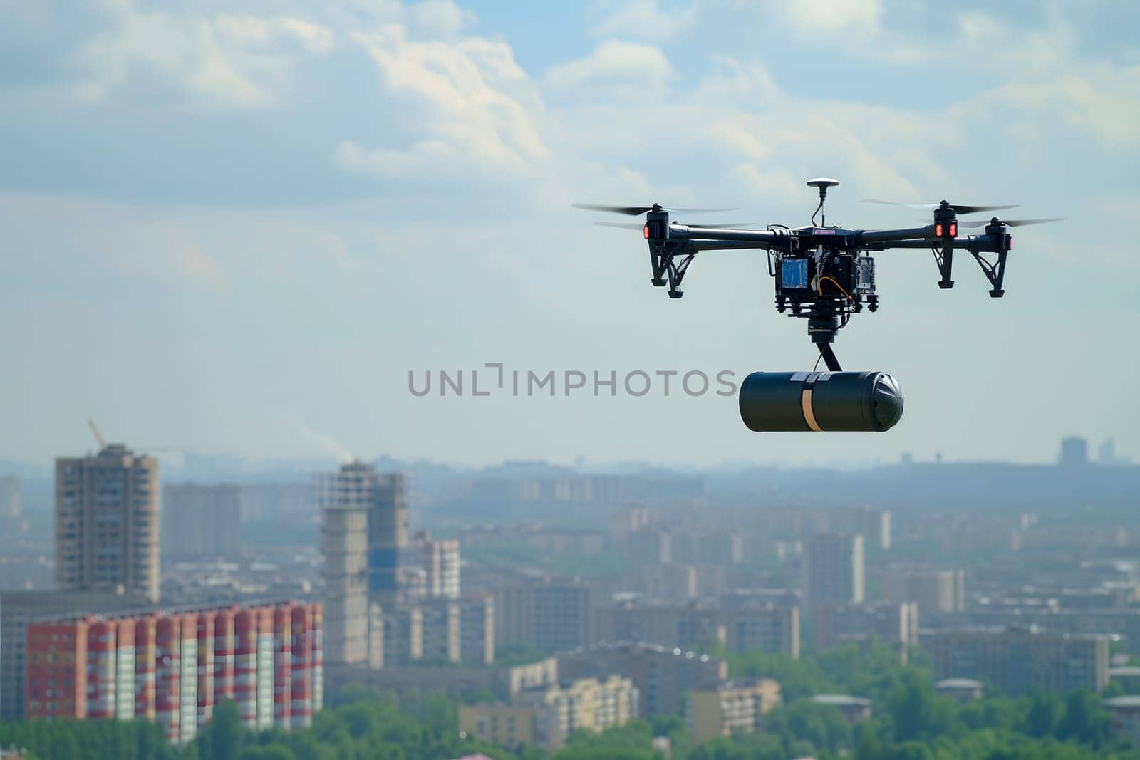 Copter drone carrying a bomb above city at summer day. Neural network generated image. Not based on any actual scene or pattern.
