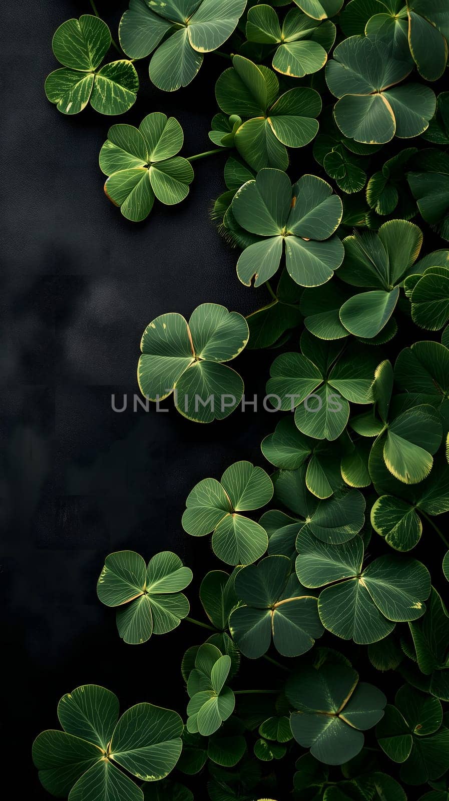 Clover with black background for St. Patricks day. Neural network generated image. Not based on any actual scene or pattern.