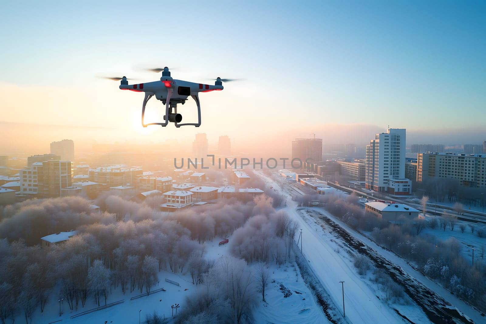 Flying drone above the city at snowy winter morning. Neural network generated image. Not based on any actual scene or pattern.