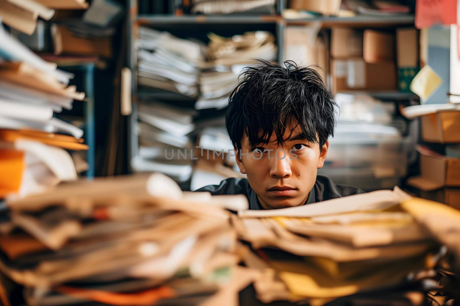 Asian man in an office, overwhelmed by a mountains of paperwork. Neural network generated in January 2024. Not based on any actual scene or pattern.