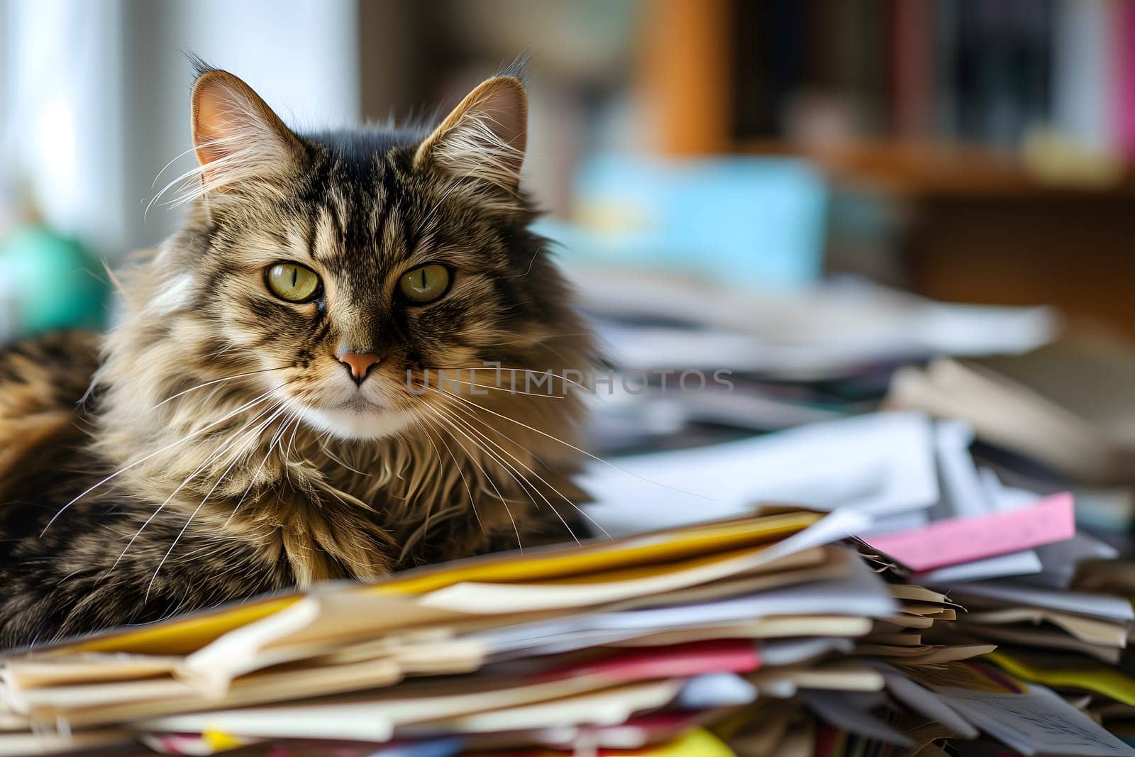 cat in an office, overwhelmed by a mountains of paperwork. Neural network generated in January 2024. Not based on any actual scene or pattern.