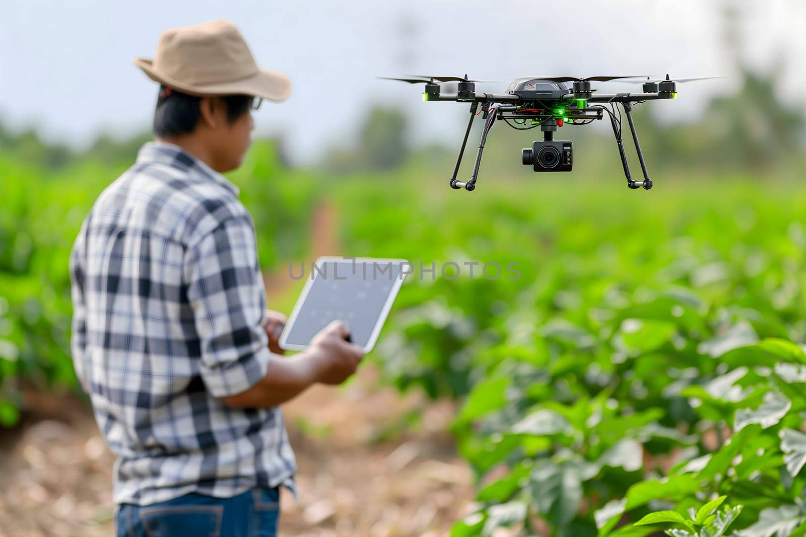 Farmer in the field using drone. Neural network generated in January 2024. Not based on any actual scene or pattern.