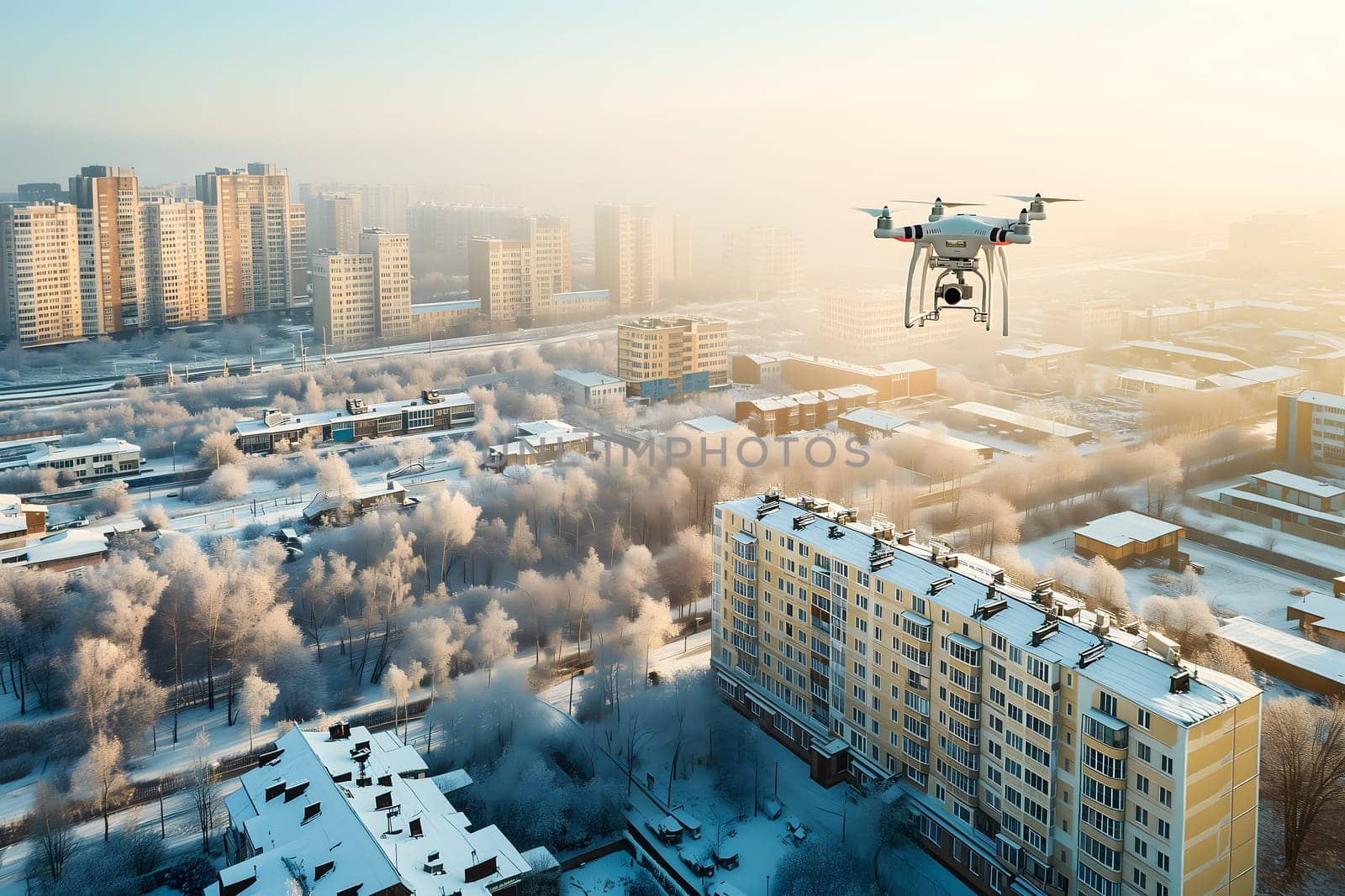 Flying drone above the city at snowy winter morning. Neural network generated image. Not based on any actual scene or pattern.