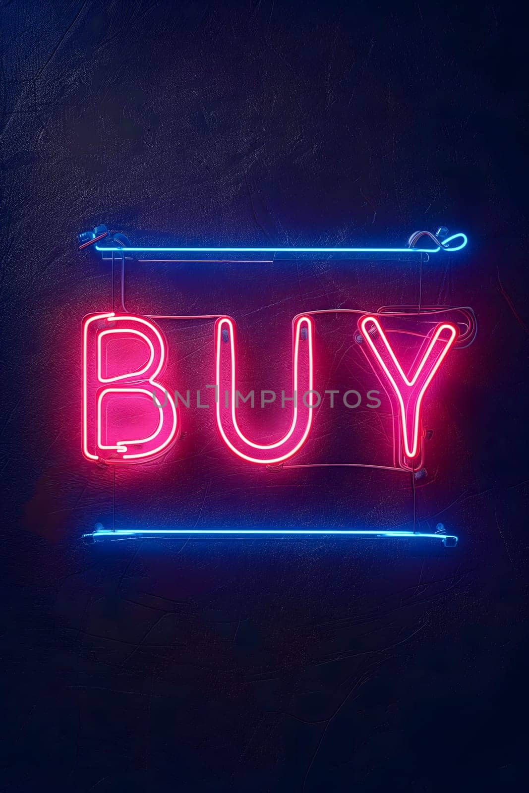 Neon inscription buy on dark shabby wall. Neural network generated image. Not based on any actual scene or pattern.