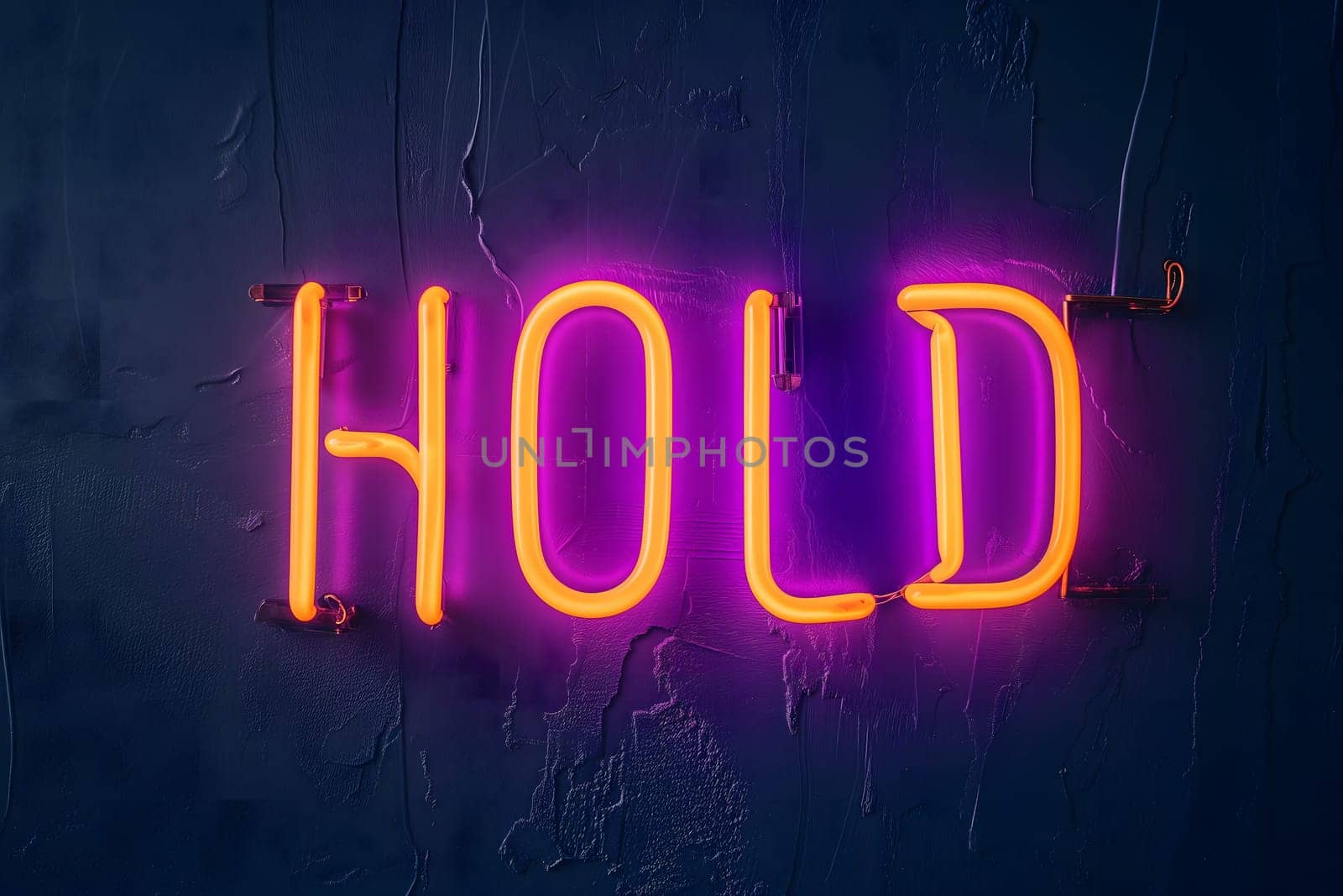 Neon inscription hold on dark shabby wall. Neural network generated image. Not based on any actual scene or pattern.