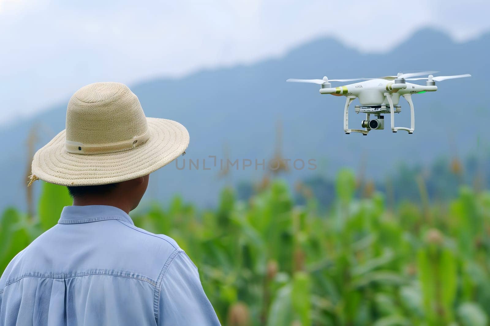 Farmer in the field using drone. Neural network generated in January 2024. Not based on any actual scene or pattern.