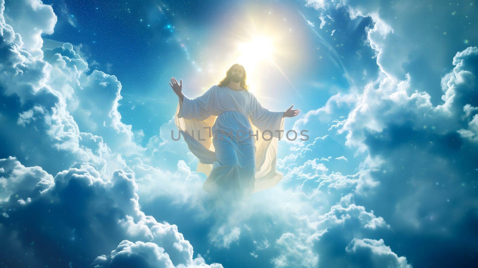 Jesus Christ in Heaven Blessing & Welcoming All. Neural network generated image. Not based on any actual person or scene.