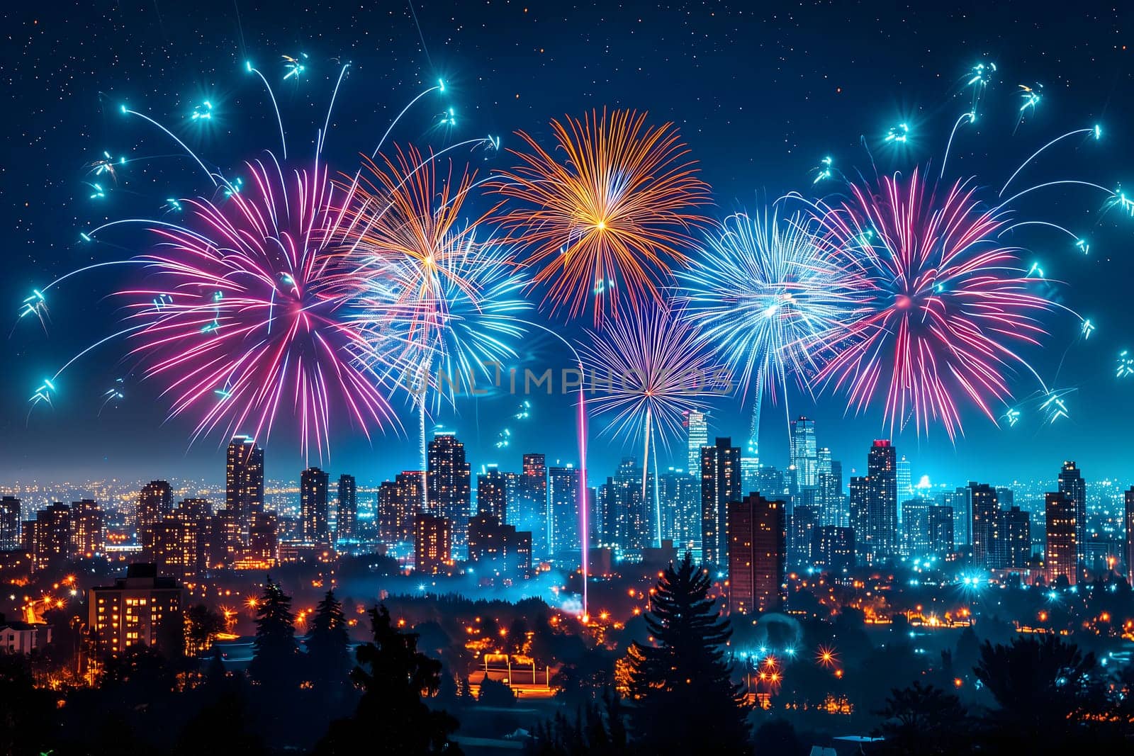 A spectacular image of fireworks illuminating the night sky over a city. Neural network generated in January 2024. Not based on any actual scene or pattern.