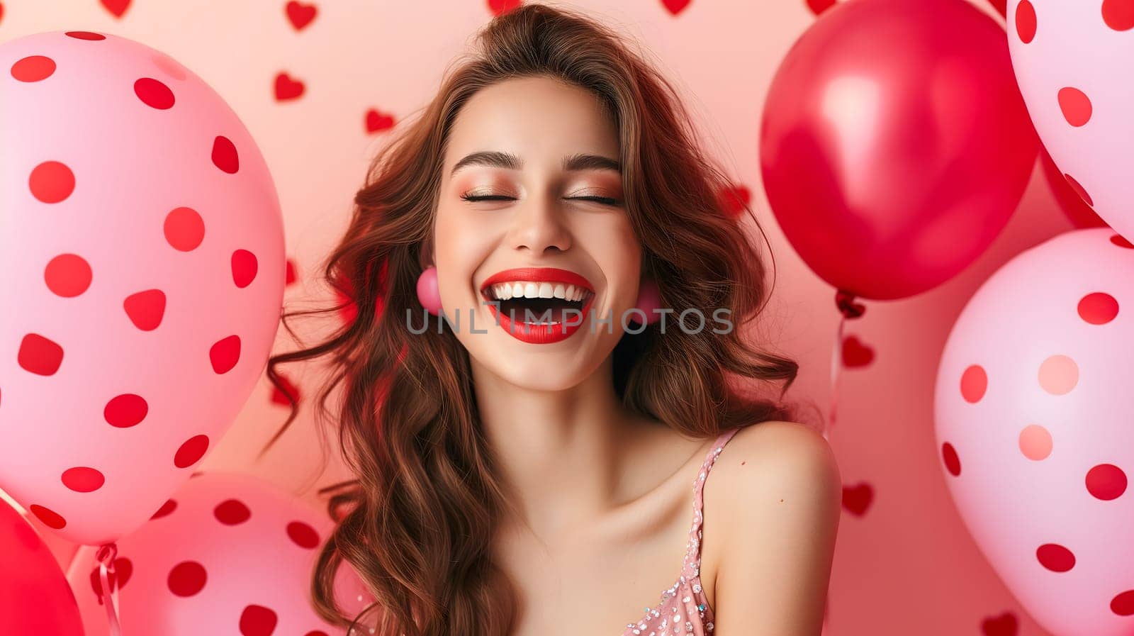 Young adult woman with red and pink air balloons laughing, on pink polka dots background. Happy holiday party. Joyful beauty having fun, celebrating Valentine's Day. Neural network generated image.