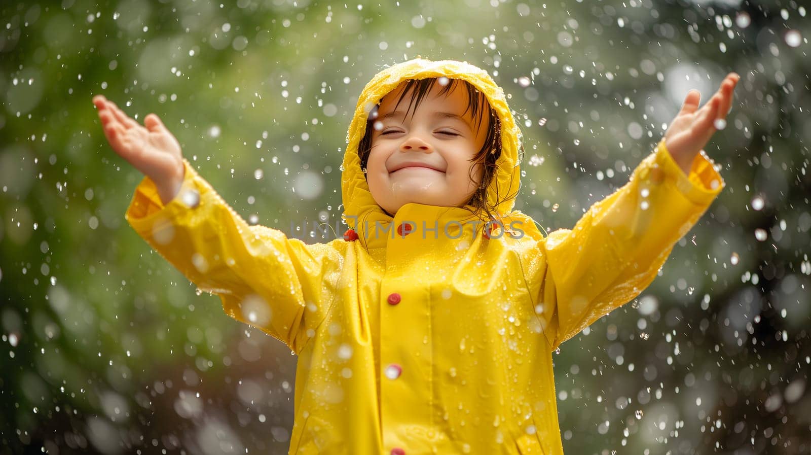 Happy child in yellow raincoat enjoying rain. Neural network generated image. Not based on any actual person or scene.