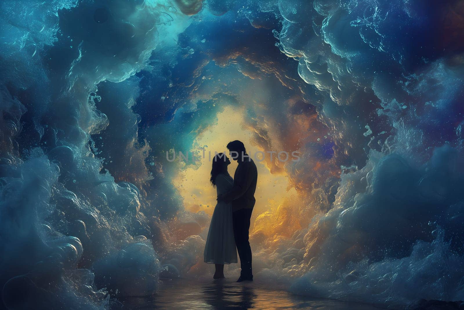 Man and woman embracing in surreal, colorful liquid fantasy dreamscape. Neural network generated image. Not based on any actual person or scene.