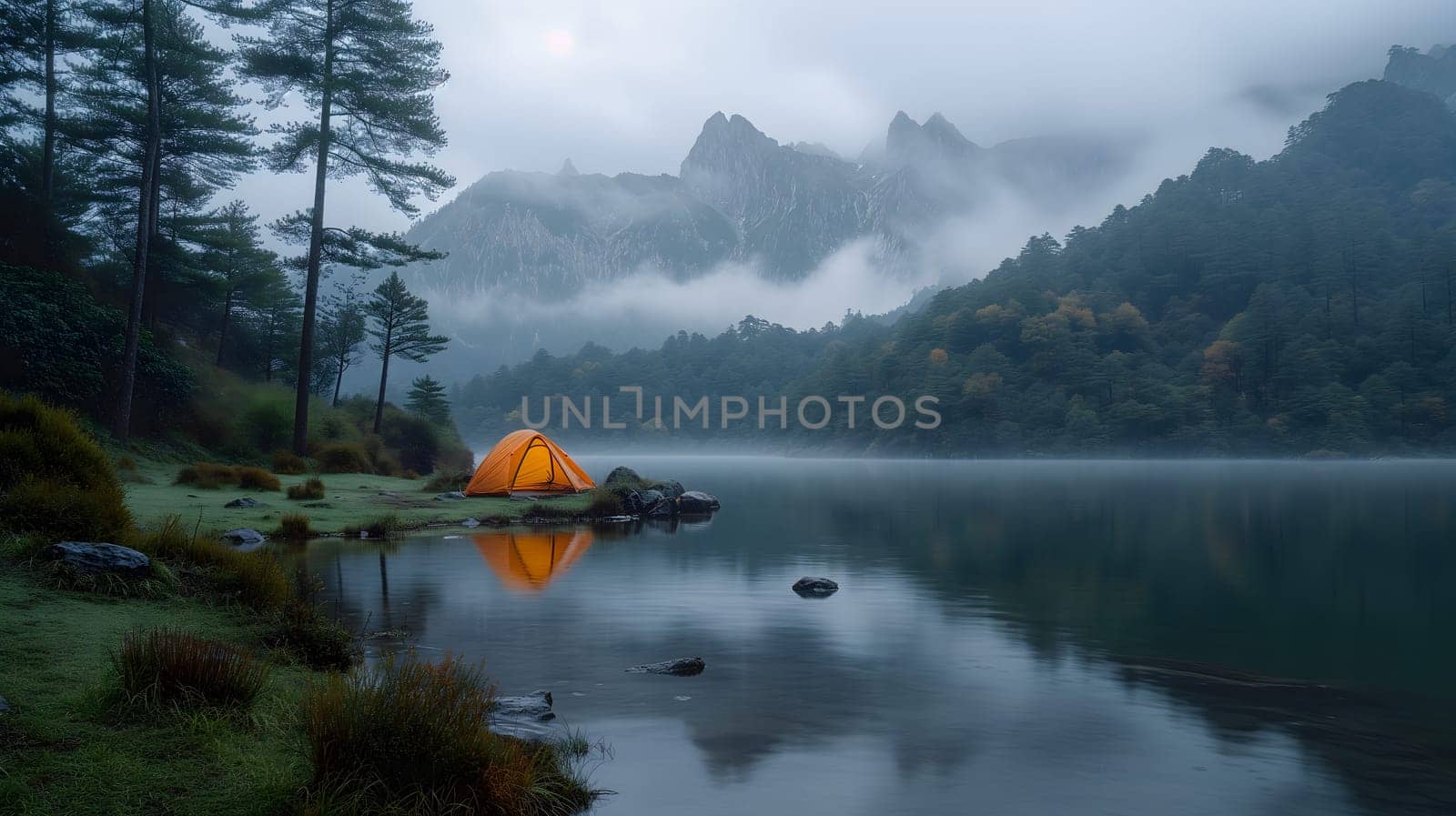 Close-up of a tent in the foreground and mountains with fog in the background with a lake or river in the foreground. Neural network generated image. Not based on any actual scene or pattern.