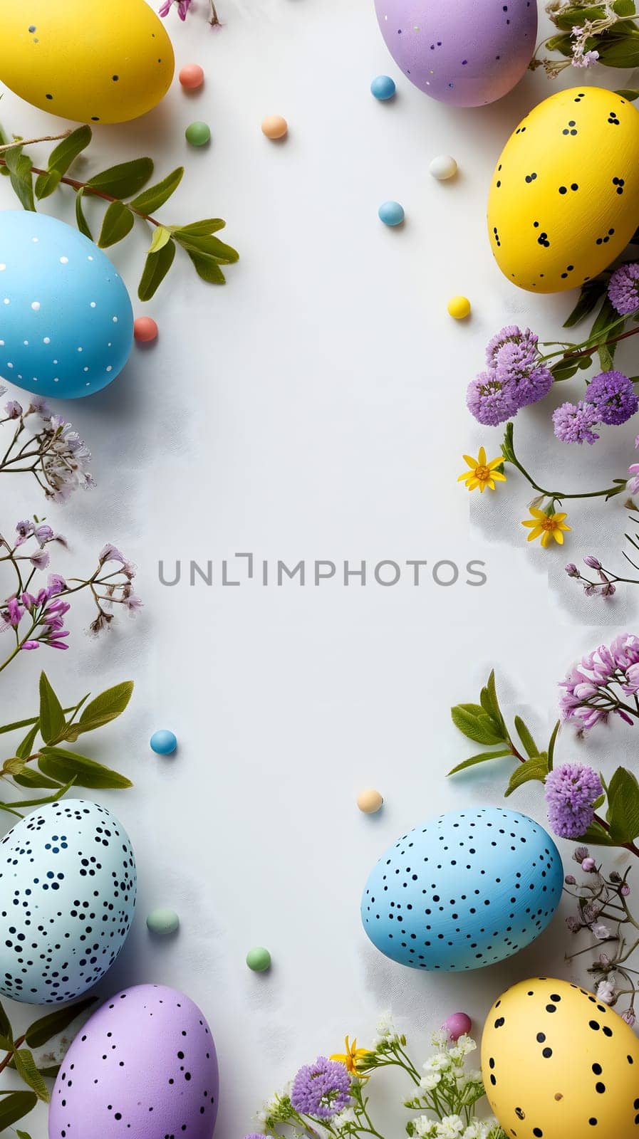 Easter eggs day background with copy space, high angle view. Neural network generated image. Not based on any actual scene or pattern.