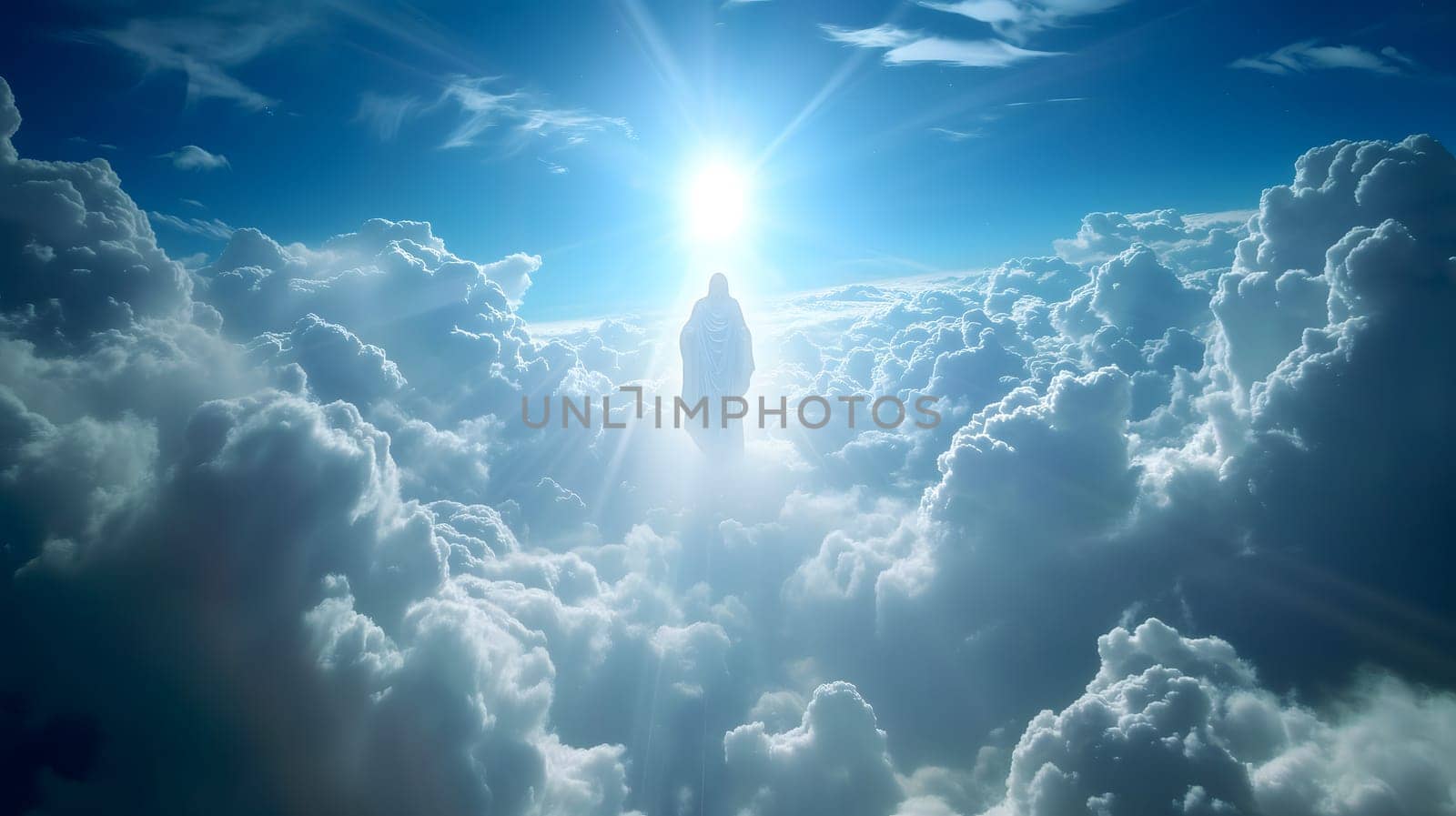 Jesus Christ in Heaven Blessing & Welcoming All. Neural network generated image. Not based on any actual person or scene.