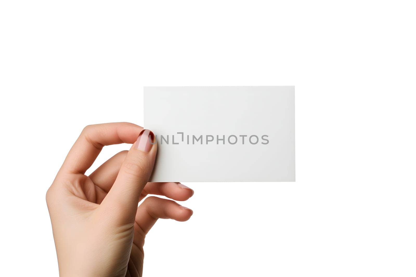 Woman Hand holding blank business card on white background. Neural network generated image. Not based on any actual scene or pattern.