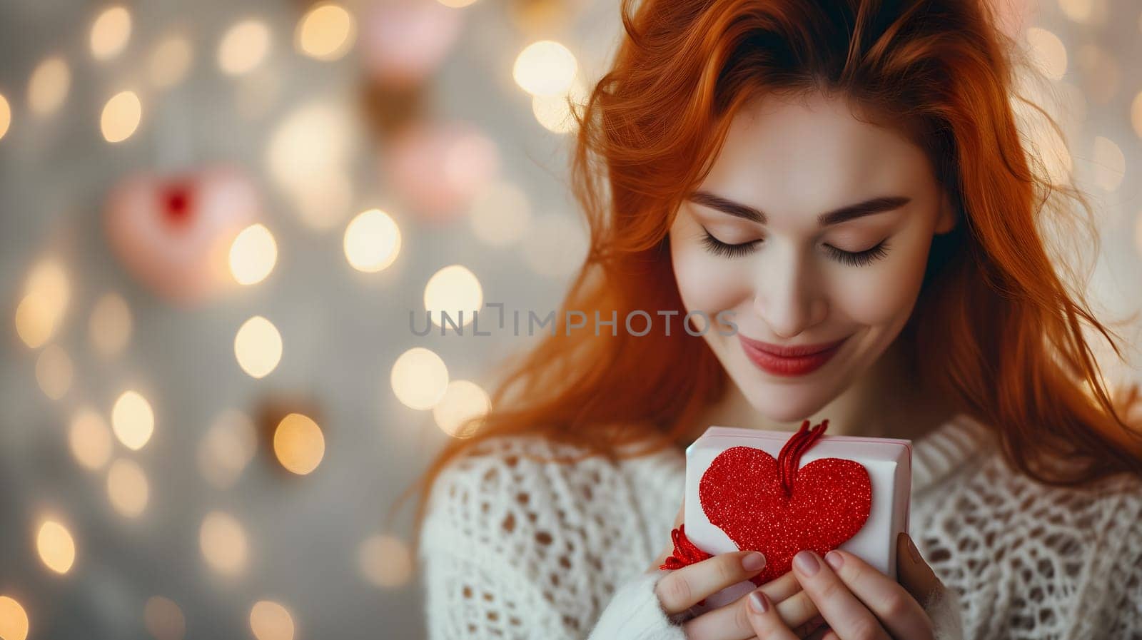 Beautiful redhead young adult woman with gift for Valentines Day with bokeh at background. Neural network generated image. Not based on any actual person or scene.