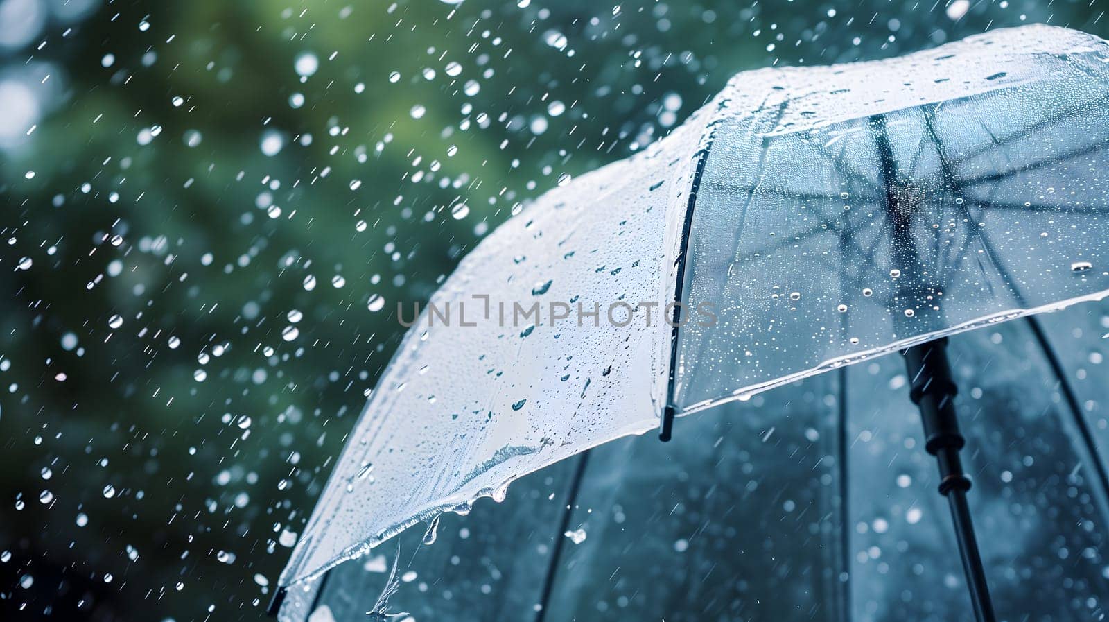 Close up, transparent umbrella under rainfall against a background of water droplets splashing. Concept of rainy weather. Neural network generated image. Not based on any actual scene or pattern.