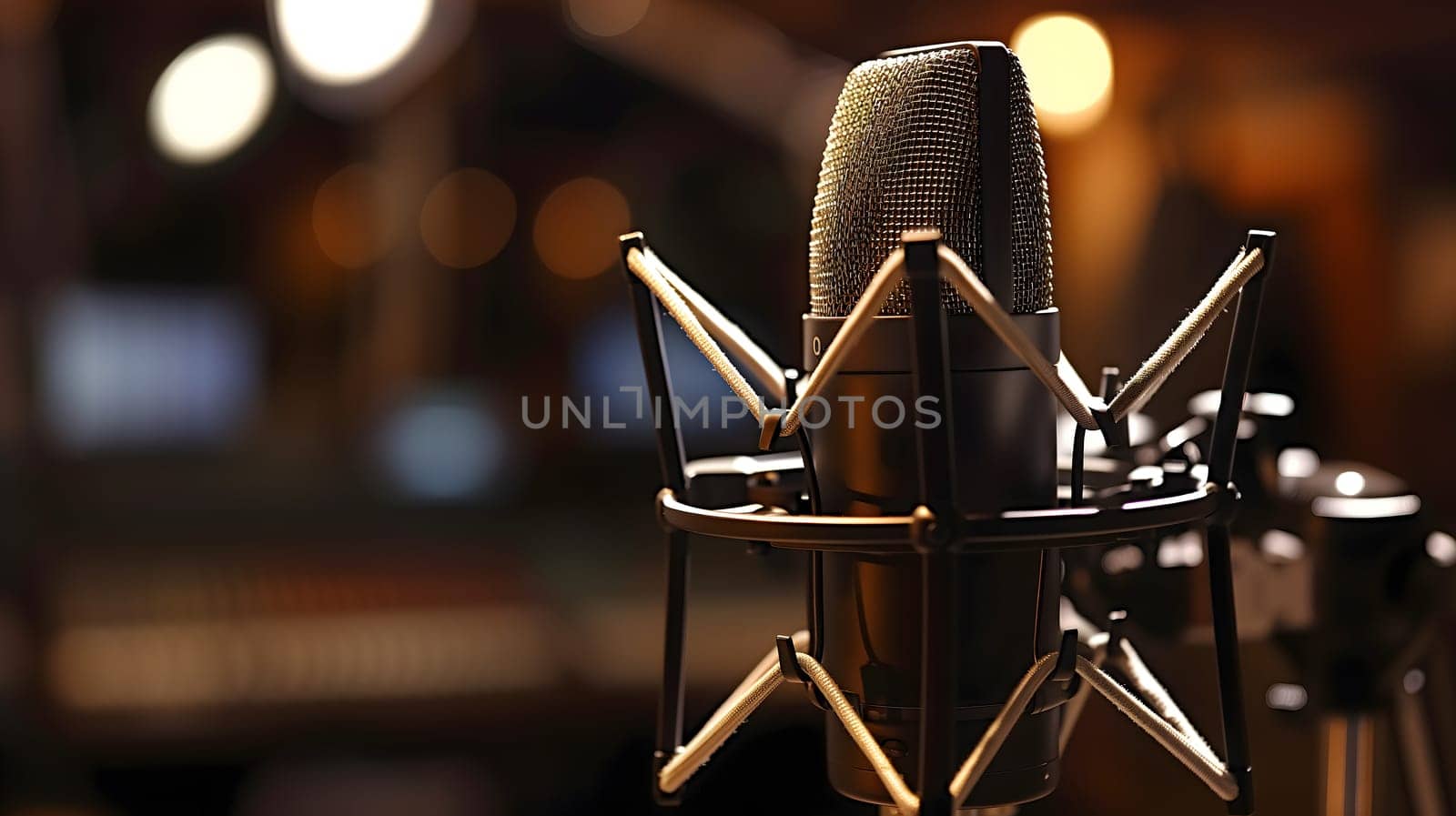 A condenser studio microphone with a shock mount in a music studio, representing the musical concept with asymmetrical composition and copy space. Neural network generated image. Not based on any actual scene or pattern.
