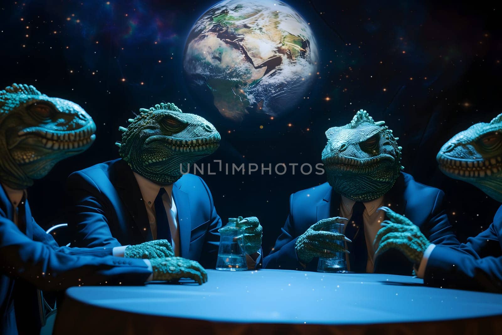 Reptile men in business suits sitting at the table in dark room, secret world government concept. Neural network generated image. Not based on any actual scene or pattern.
