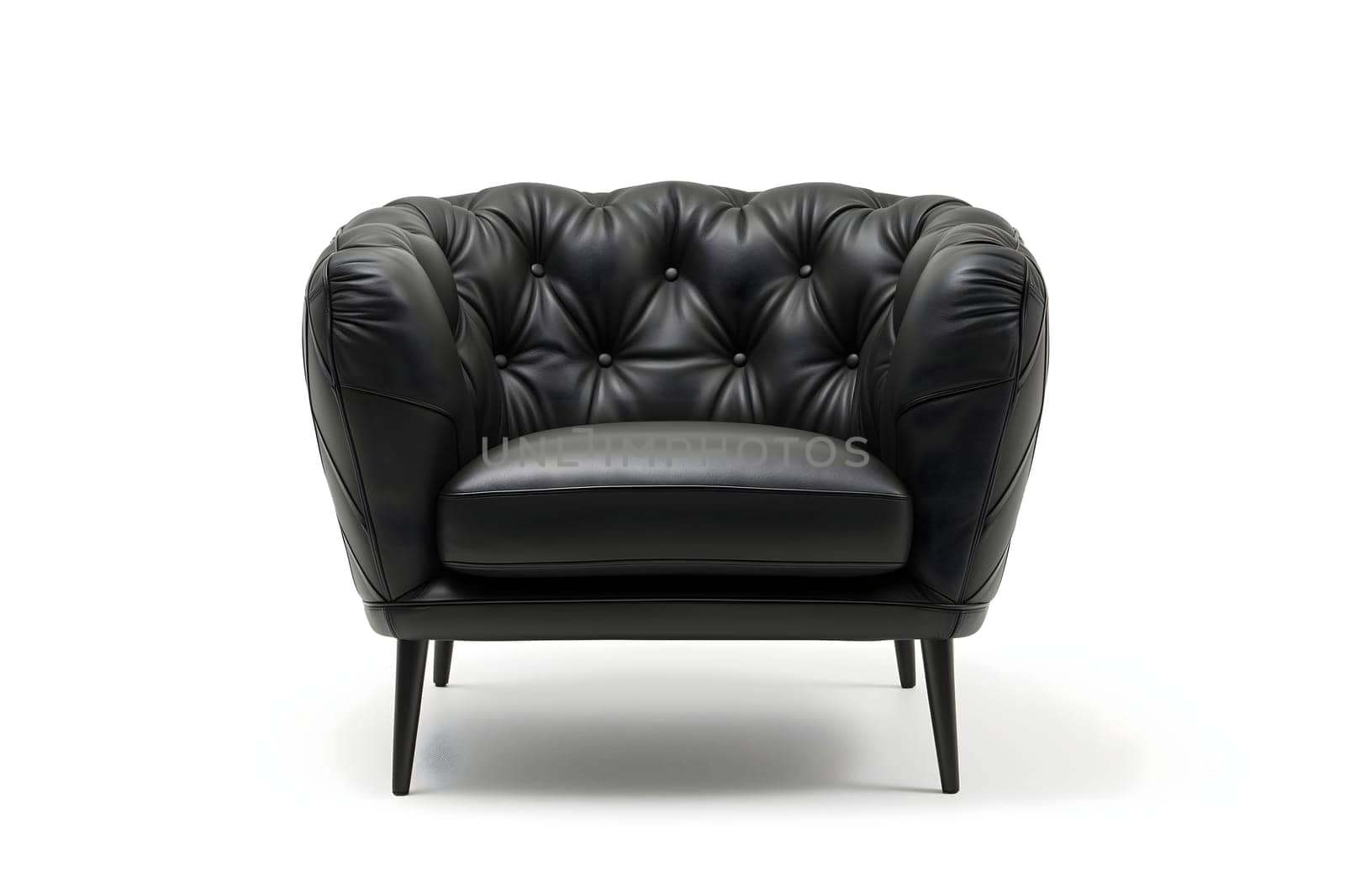 Black leather retro Victorian style armchair on white background. Digitally generated image. Not based on any actual person, scene or pattern.