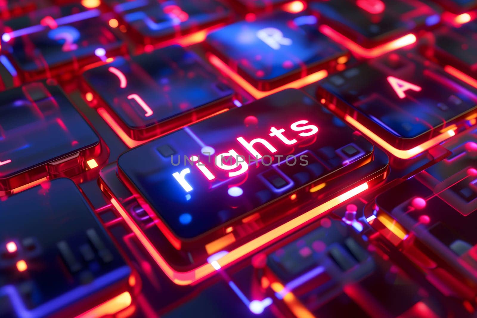 Words rights for cyber law concept. Neural network generated image. Not based on any actual scene or pattern.