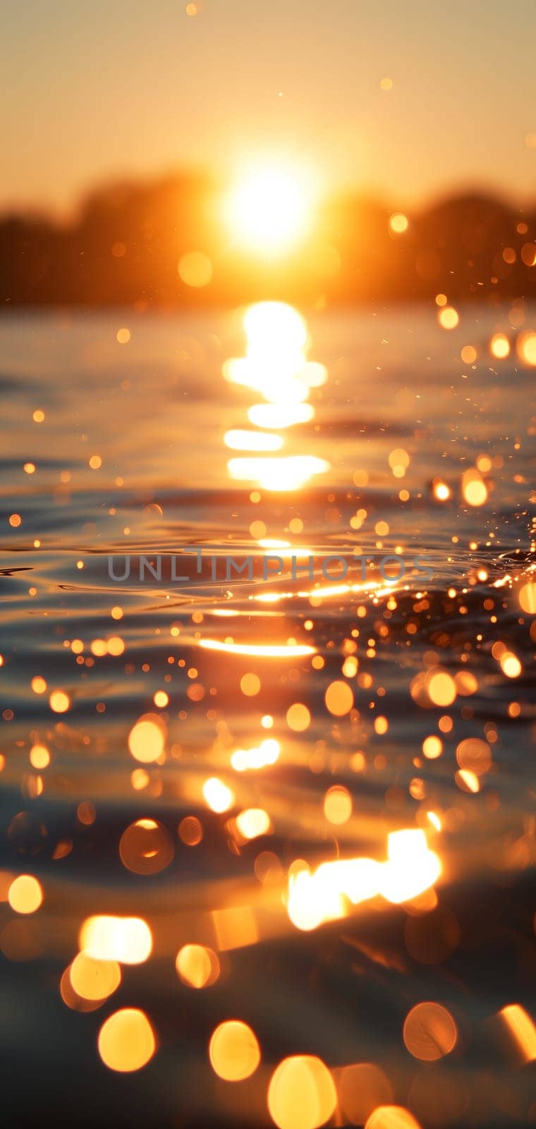 Sunset bokeh on water: golden sky over a body of water, with the light reflecting and creating a bokeh effect.. Neural network generated image. Not based on any actual scene or pattern.