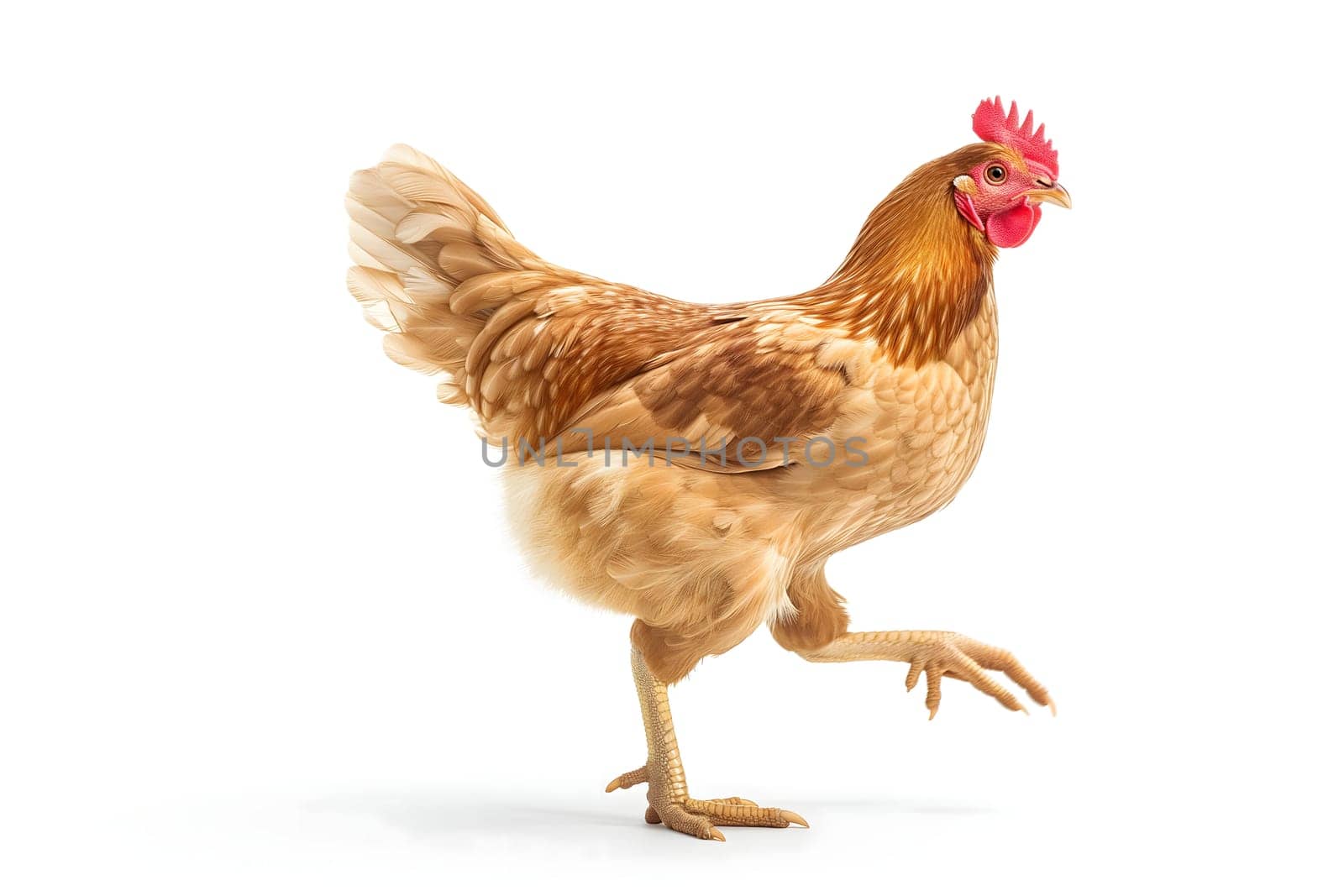 Running chicken hen on white background. Neural network generated image. Not based on any actual scene or pattern.