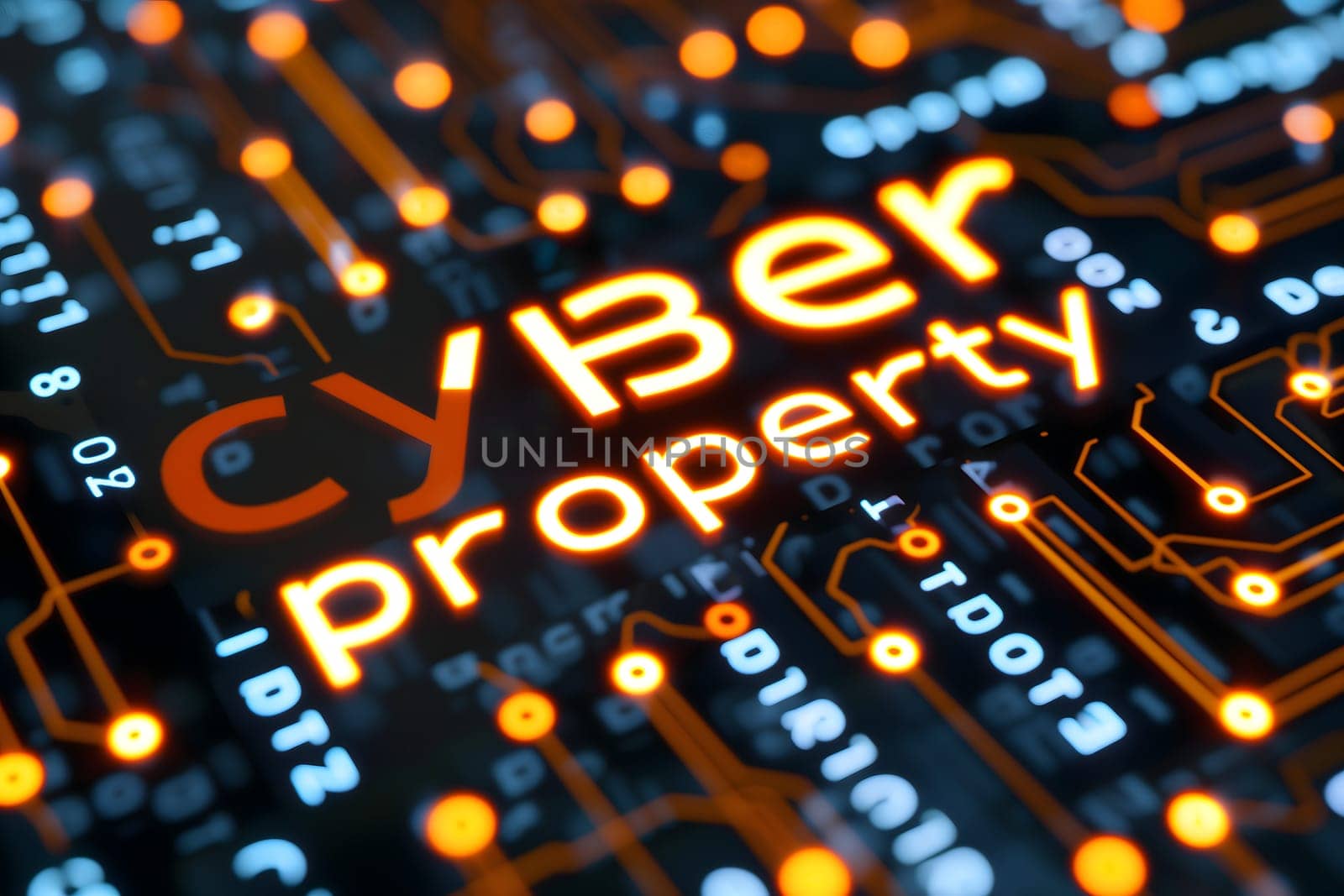 Words cyber property for cyber law concept. Neural network generated image. Not based on any actual scene or pattern.