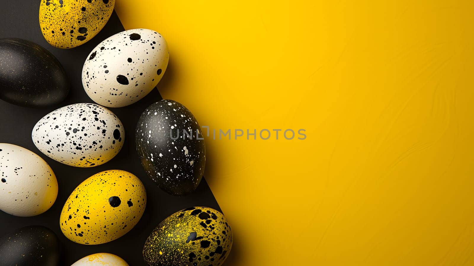 Golden, black, white Easter eggs on a yellow-black background. geometry. Minimal concept. View from above. Neural network generated image. Not based on any actual scene or pattern.