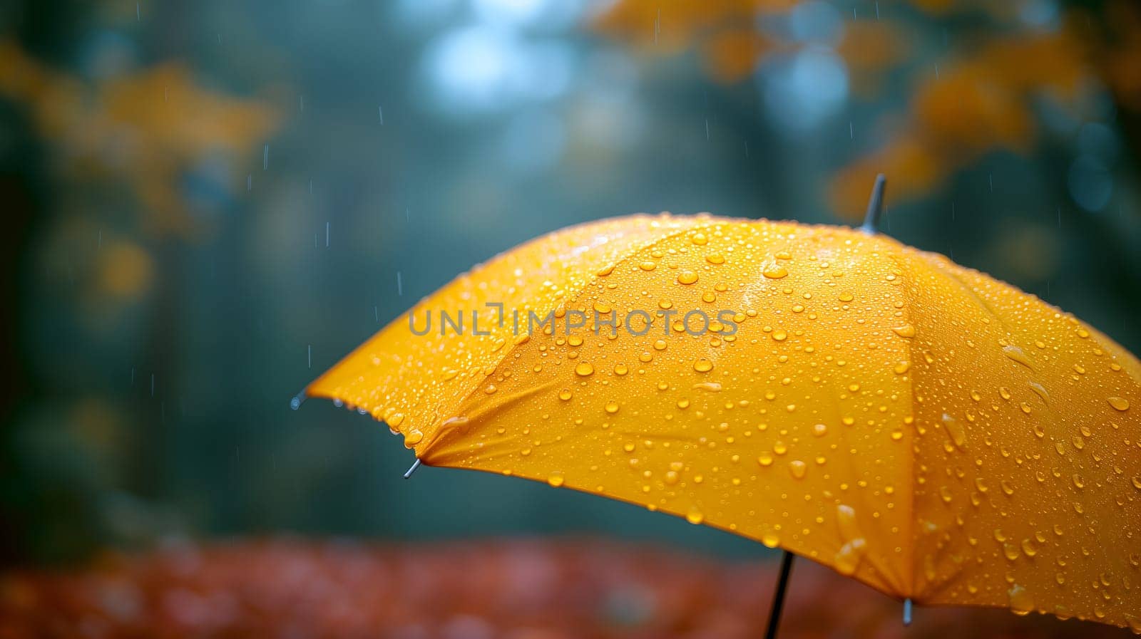 Close up, yellow umbrella under rainfall against a background of autumn leaves. Concept of rainy weather. Neural network generated image. Not based on any actual scene or pattern.