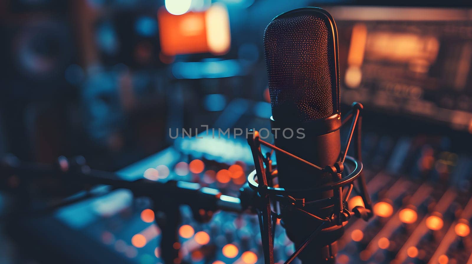 A condenser studio microphone with a shock mount in a music studio, representing the musical concept with asymmetrical composition and copy space. Neural network generated image. Not based on any actual scene or pattern.