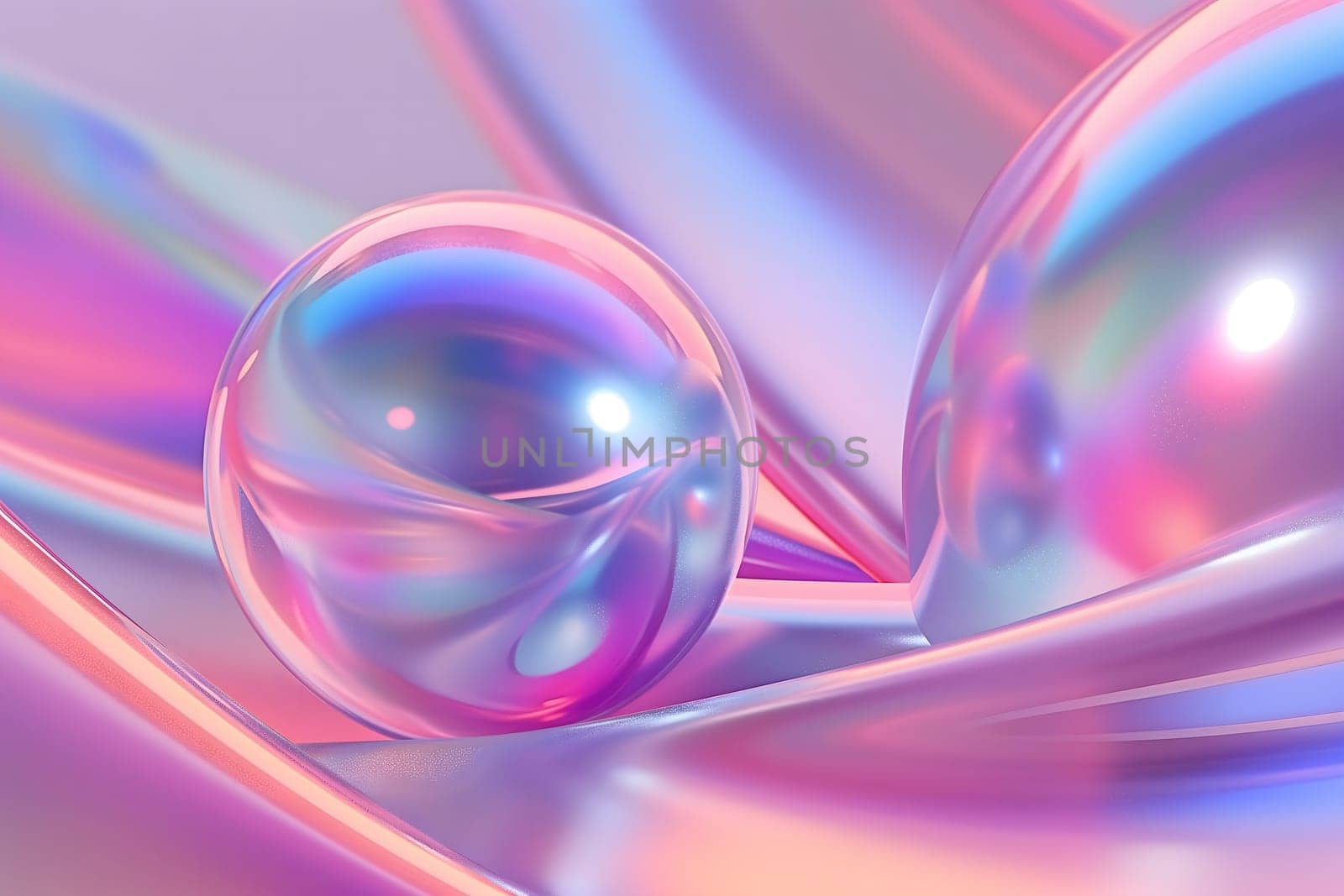 Colorful bright dreamy holo glass bubbles and waves background and wallpaper. Neural network generated in January 2024. Not based on any actual scene or pattern.