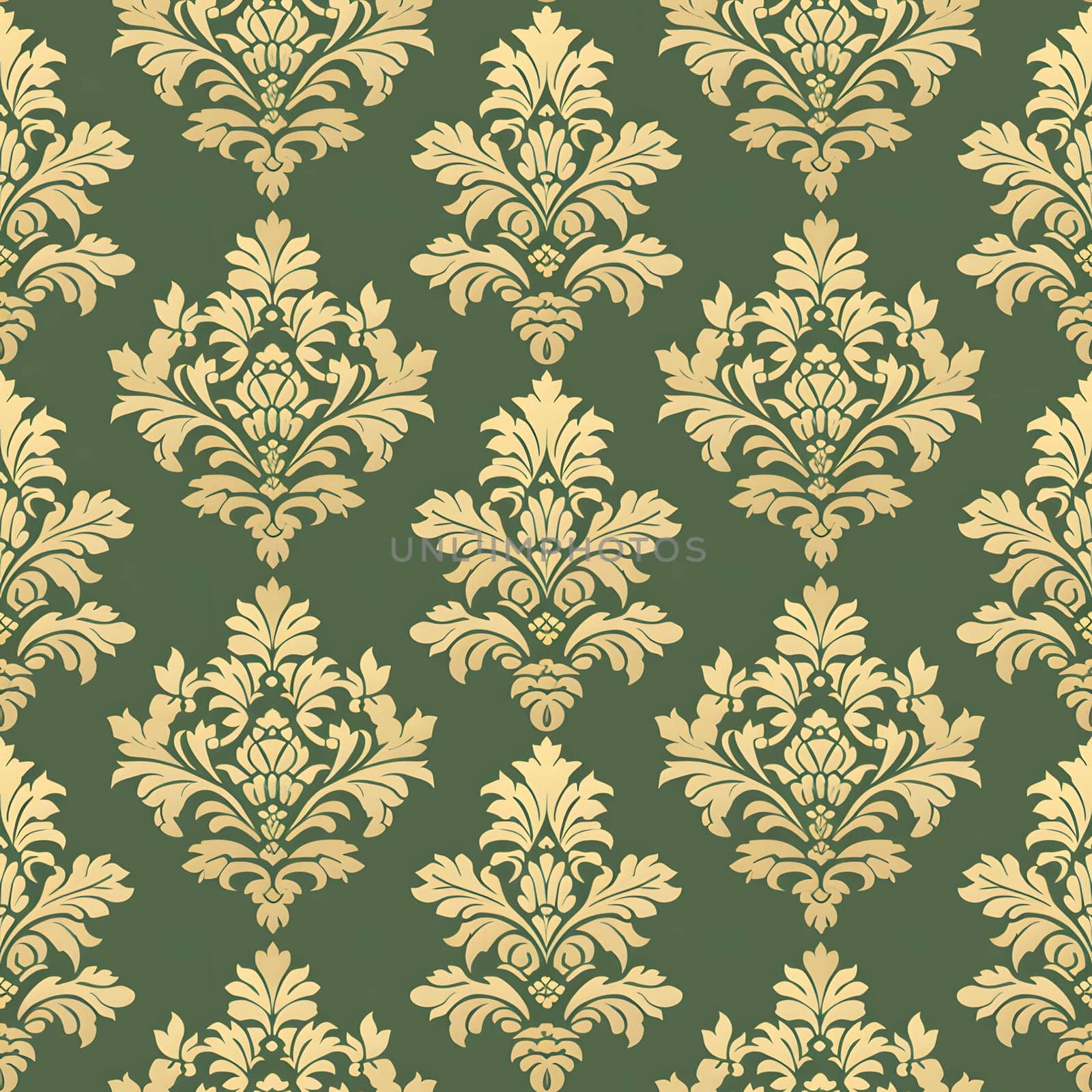 Seamless texture of green and gold damask pattern. Neural network generated image. Not based on any actual scene or pattern.