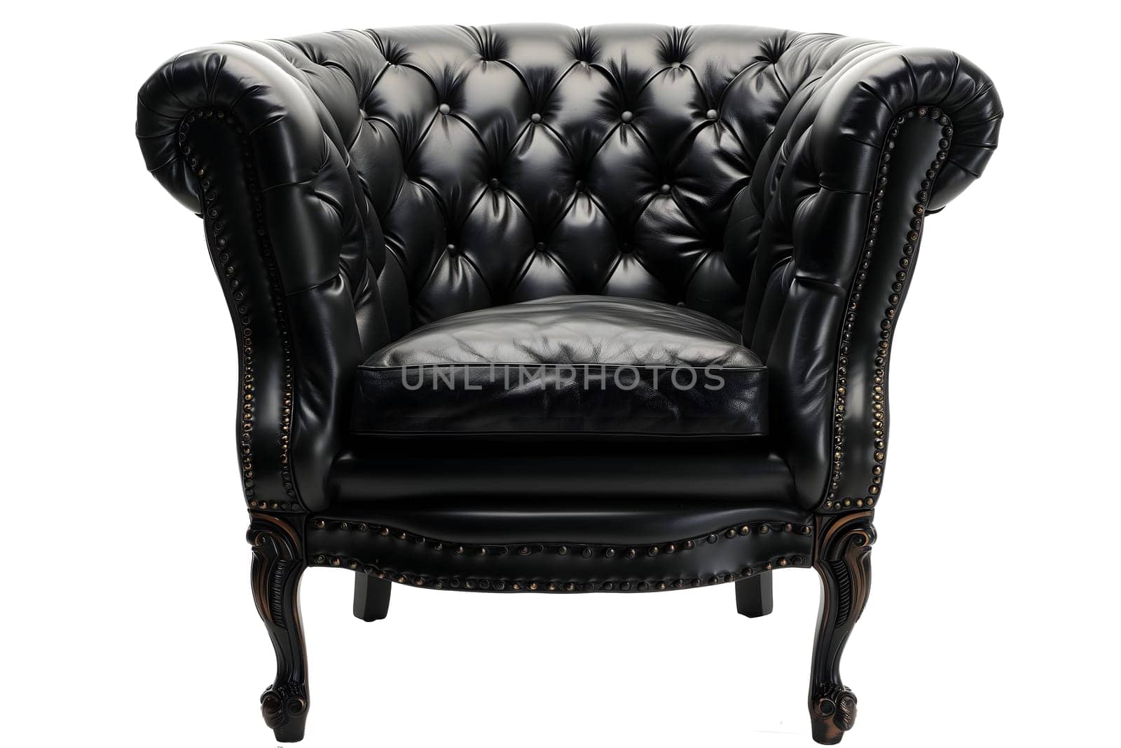 Black leather retro Victorian style armchair on white background. Digitally generated image. Not based on any actual person, scene or pattern.
