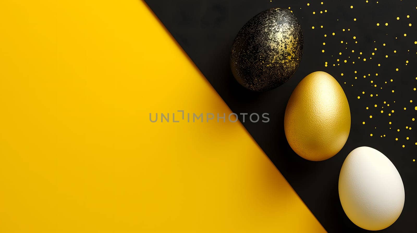 Golden, black, white Easter eggs on a yellow-black background. geometry. Minimal concept. View from above. Neural network generated image. Not based on any actual scene or pattern.
